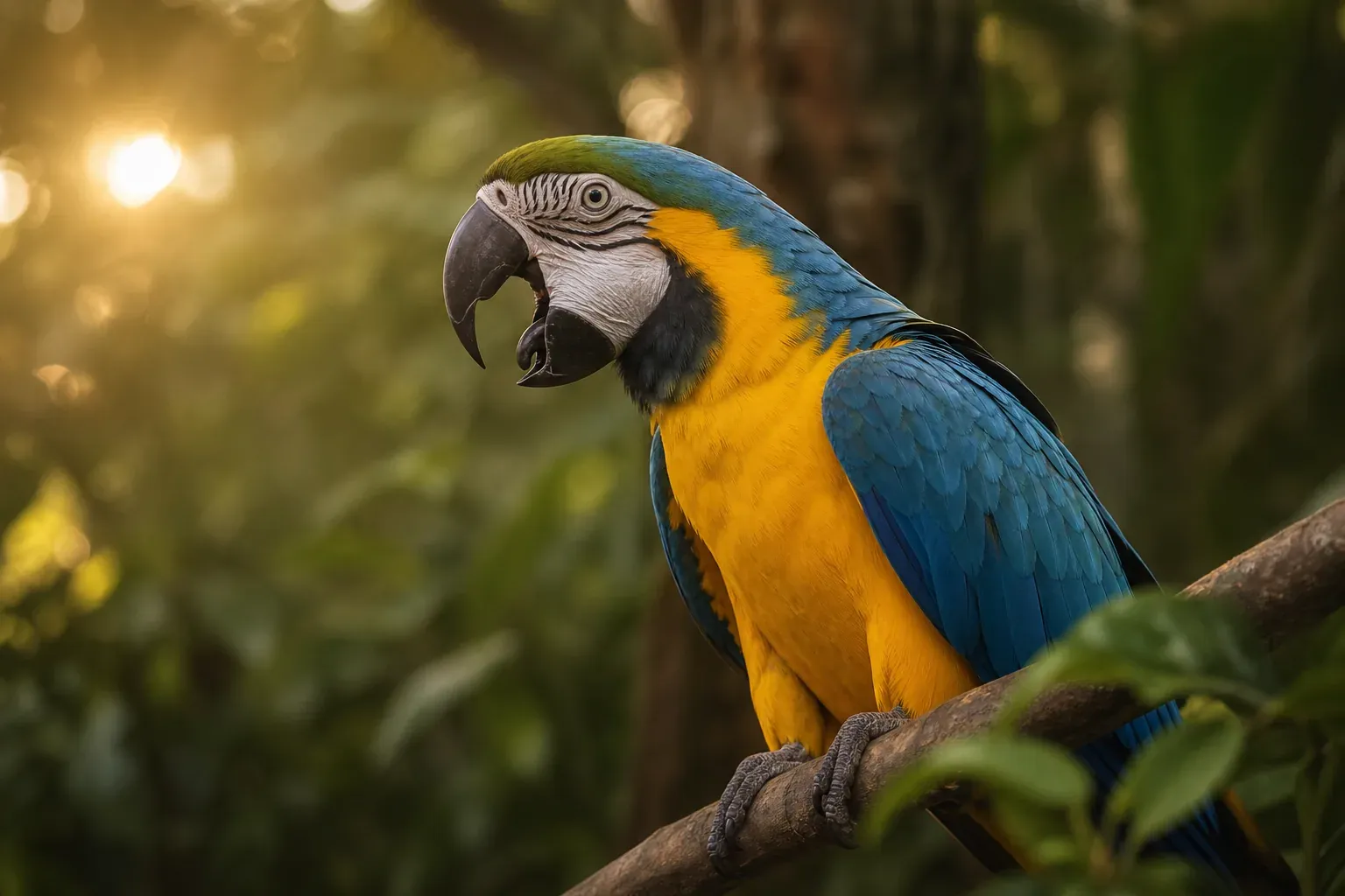 Un perroquet coloré perché sur une branche, bec ouvert en train de vocaliser dans une lumière naturelle de forêt tropicale.