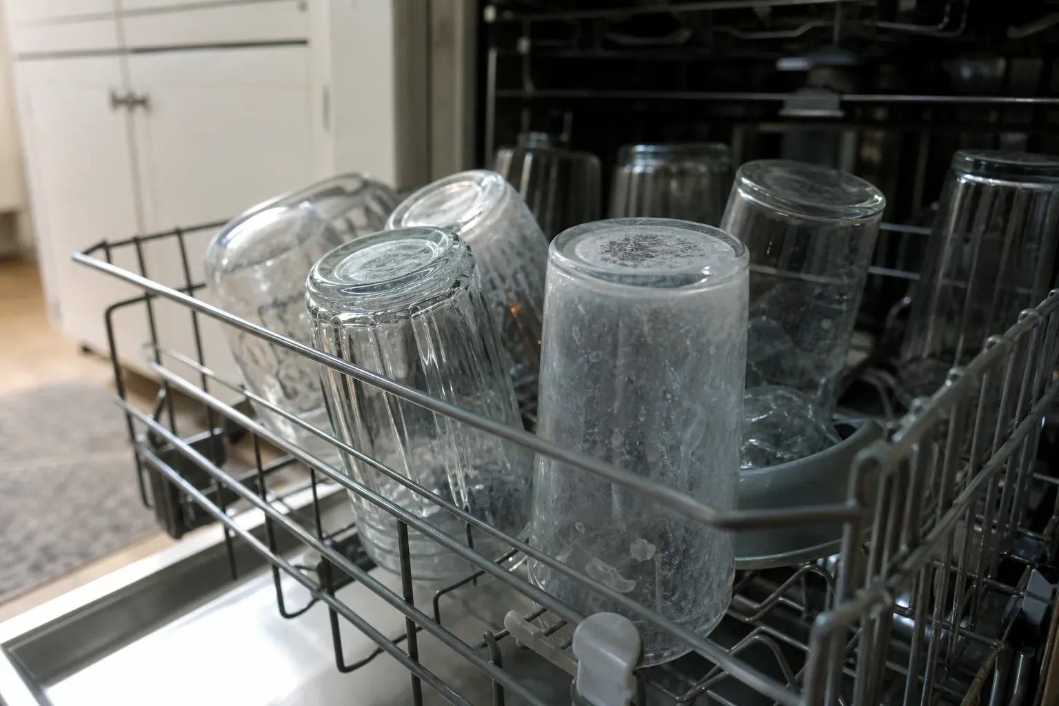 Des verres à eau ternis par un voile blanc, posés sur le panier supérieur ouvert d'un lave-vaisselle, lumière naturelle de cuisine.