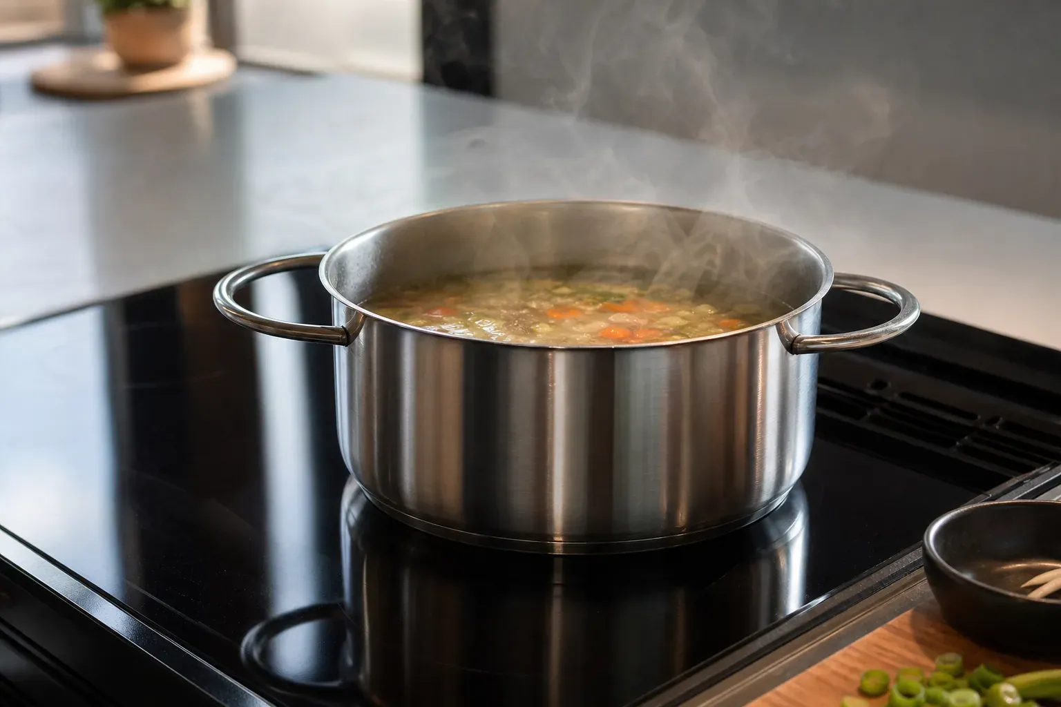 Casserole en inox posée sur une plaque à induction noire dans une cuisine moderne, vue de dessus, légère buée de cuisson visible au-dessus de la casserole.