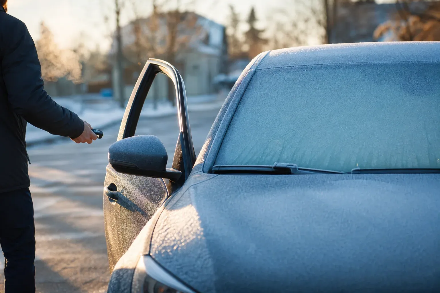 Pare-brise givré d'une voiture garée dehors par matin froid, main tenant une clé de contact devant la portière ouverte.