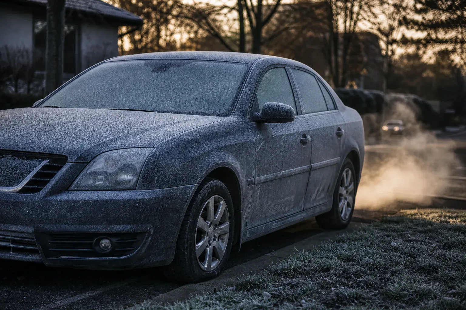 Une voiture démarre un matin d’hiver, pare-brise couvert de givre, sous un ciel froid et lumineux.