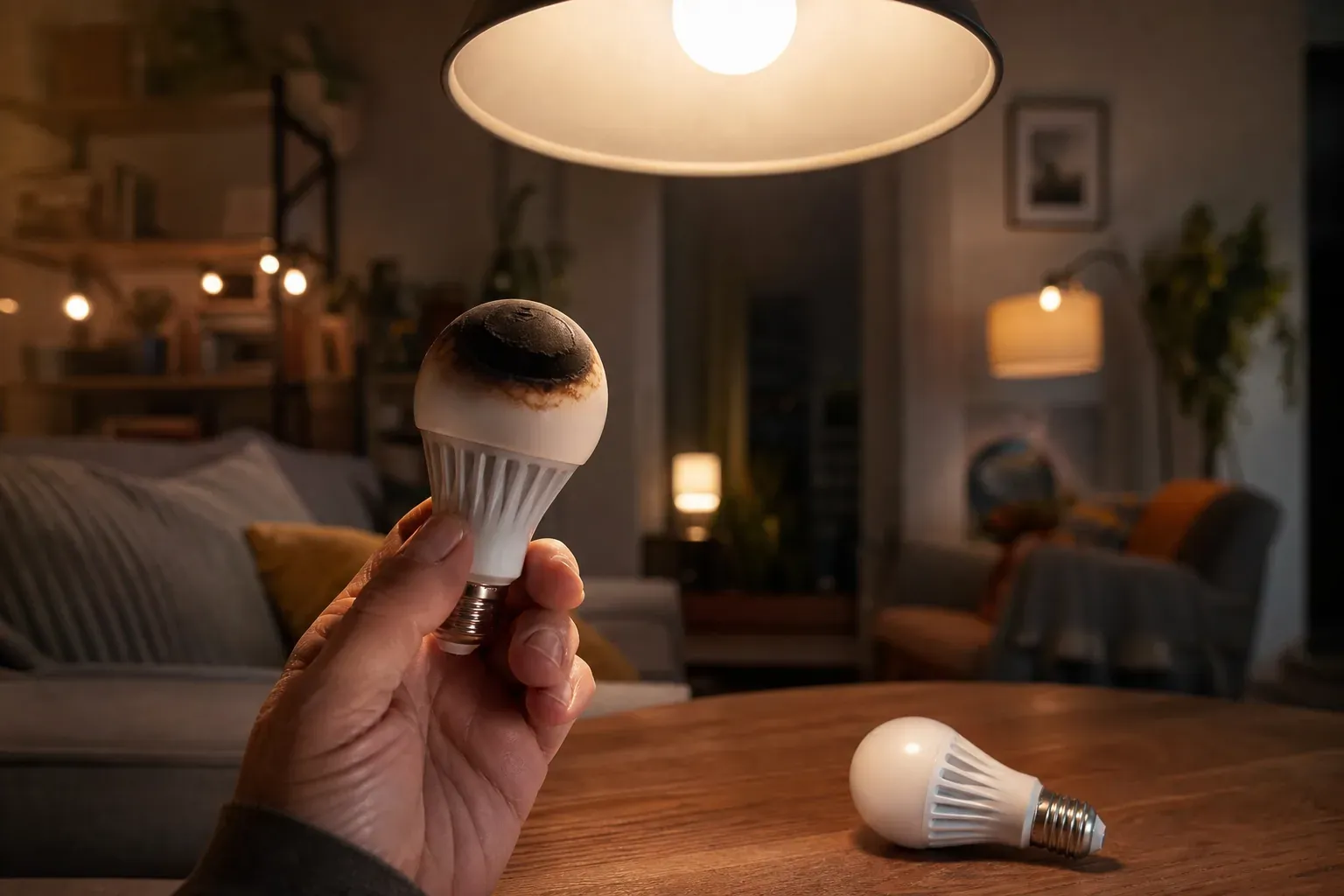 Main tenant une ampoule LED noircie et grillée sous une suspension allumée dans un salon, une ampoule neuve posée sur une table en bois.