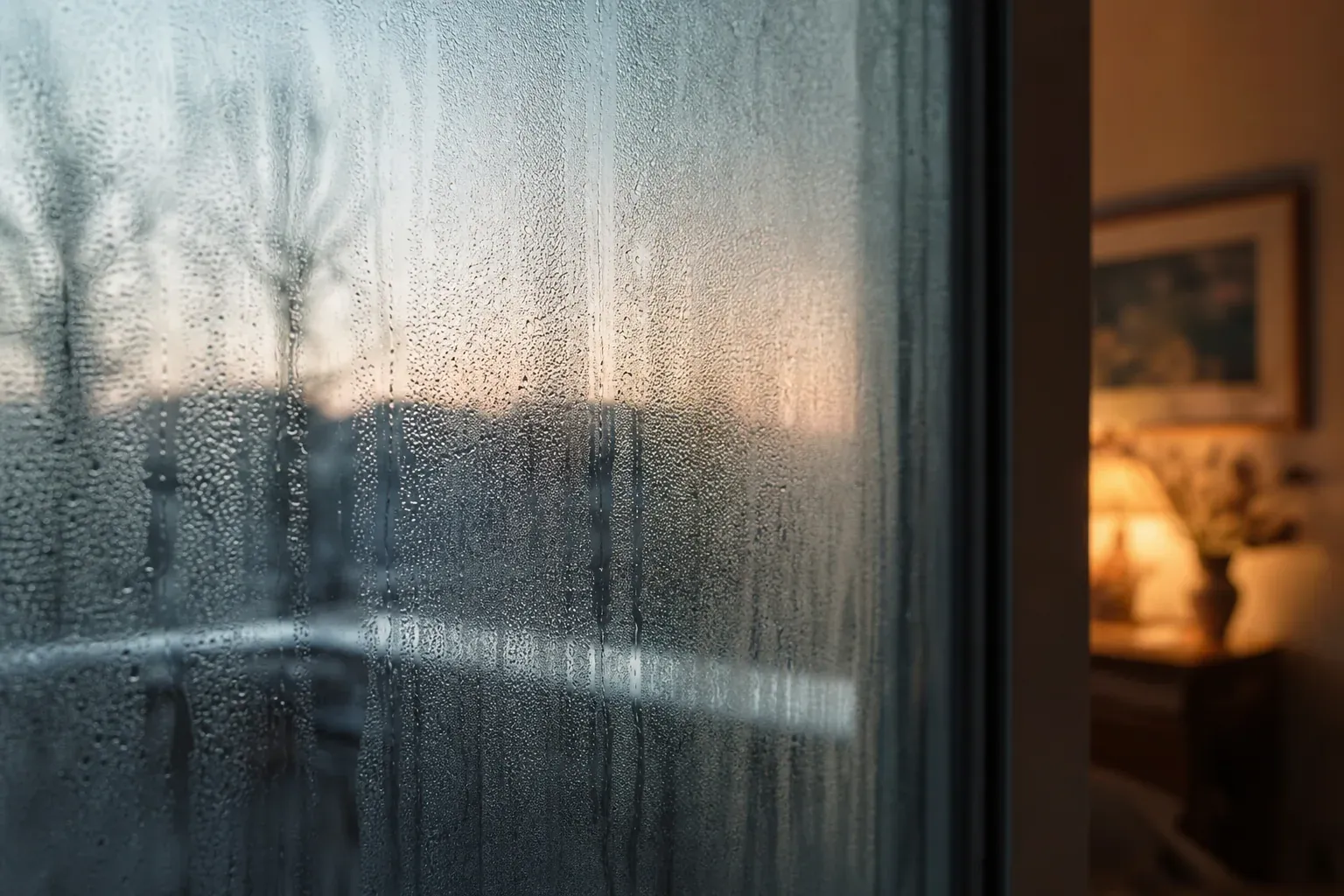 Une vitre de fenêtre couverte de buée le matin, avec des gouttelettes de condensation qui ruissellent, lumière douce d'hiver en arrière-plan.