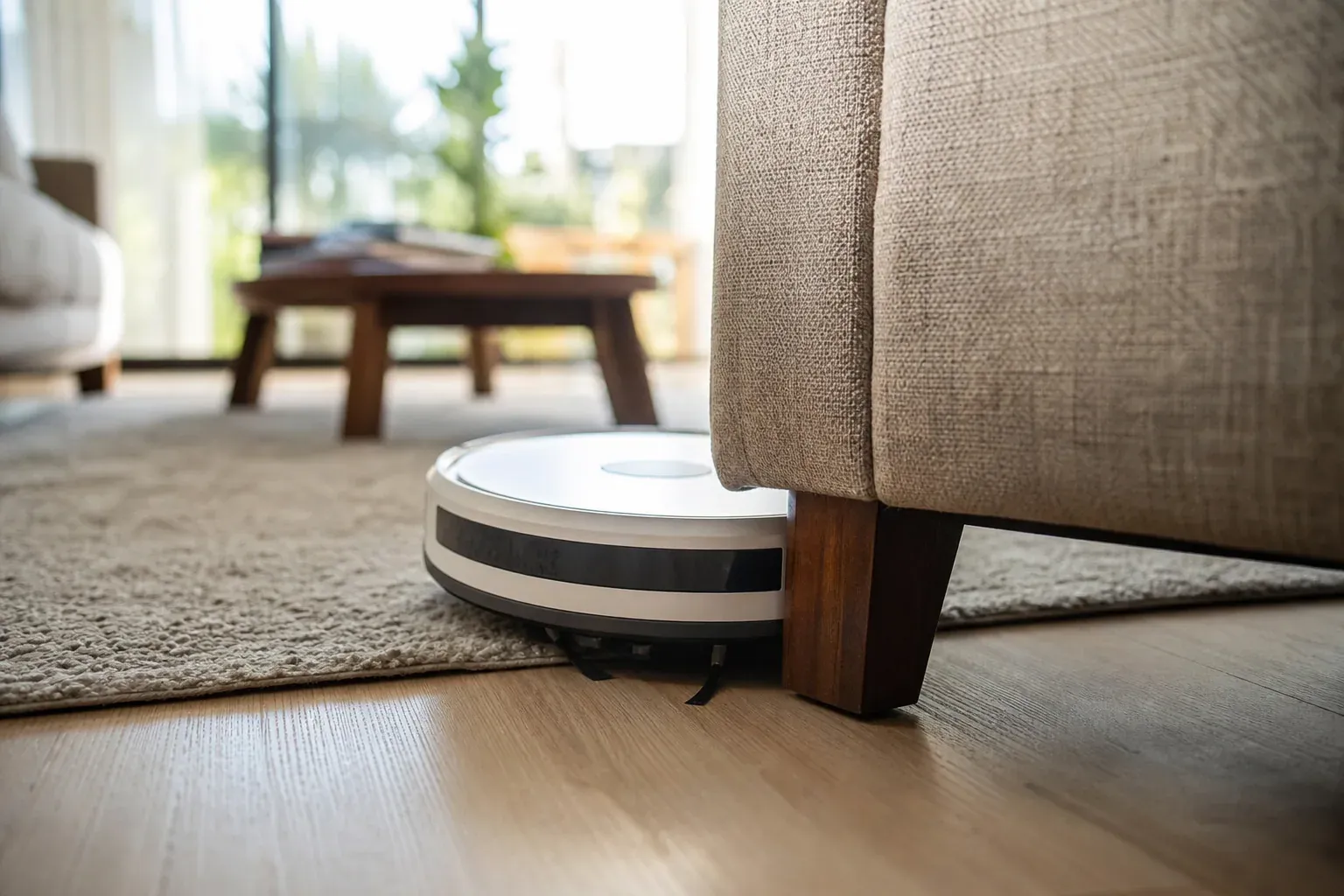 Un aspirateur robot bloqué contre le pied d'un fauteuil au bord d'un tapis, dans un salon lumineux.