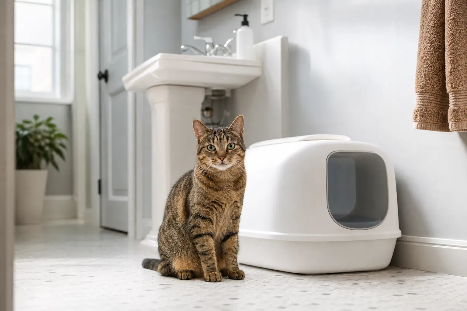 Chat tigré assis à côté d'un bac à litière couvert dans le coin lumineux d'une salle de bains d'appartement.