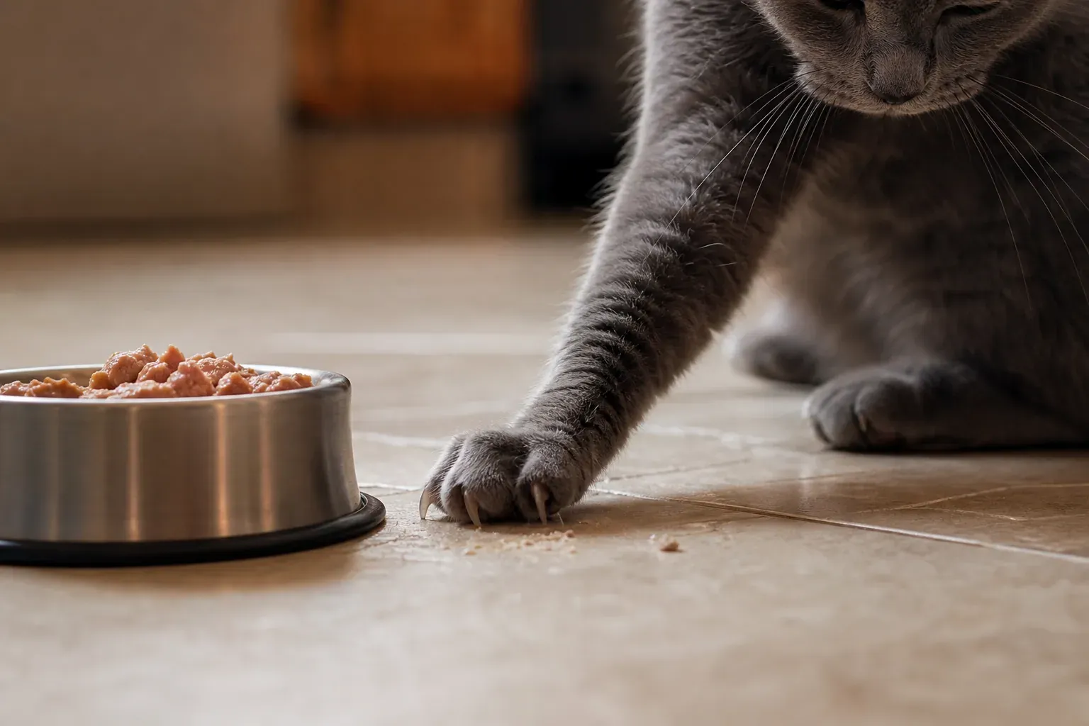 Un chat domestique gris gratte le sol carrelé avec sa patte avant, juste à côté d'une gamelle de nourriture, dans une cuisine baignée de lumière naturelle.