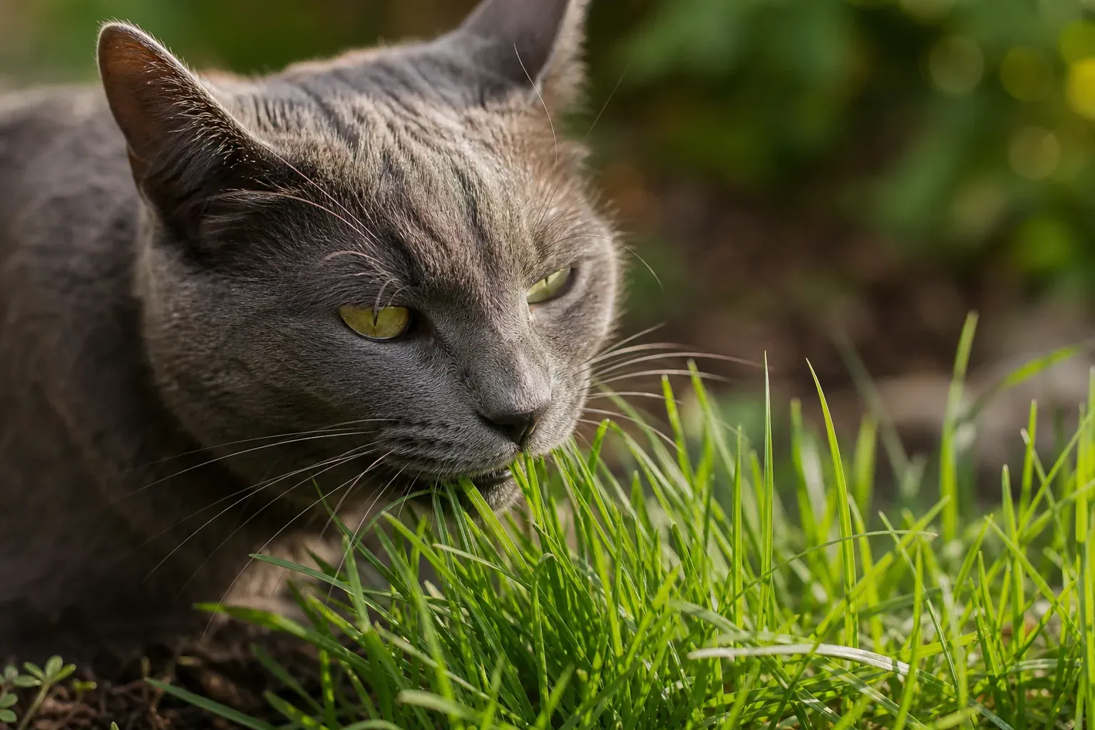 Un chat domestique gris broute des brins d’herbe verte dans un jardin, en pleine lumière naturelle du matin.