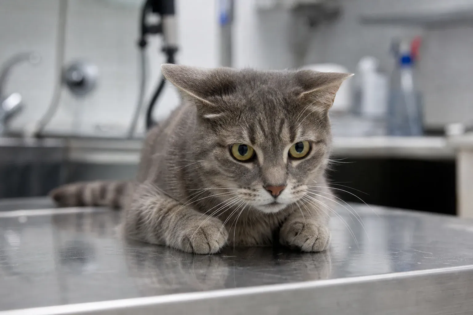 Chat gris tigré allongé et tendu sur une table d'examen vétérinaire, oreilles légèrement en arrière.