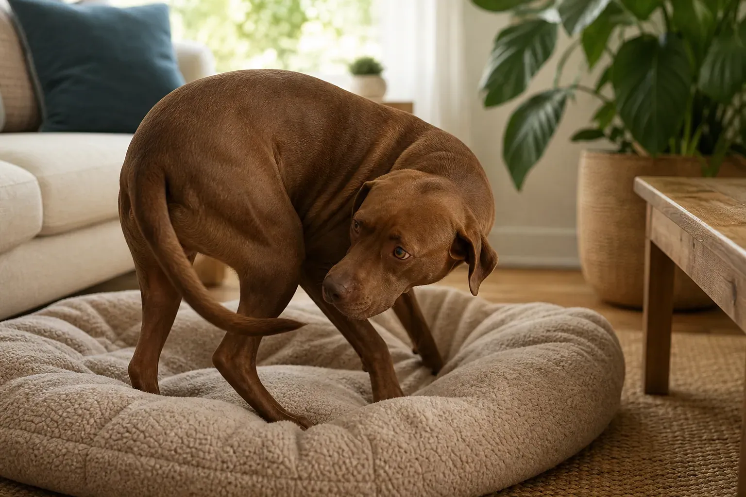 Un chien au pelage brun tourne en rond sur son coussin dans un salon lumineux, juste avant de s'allonger pour se reposer.