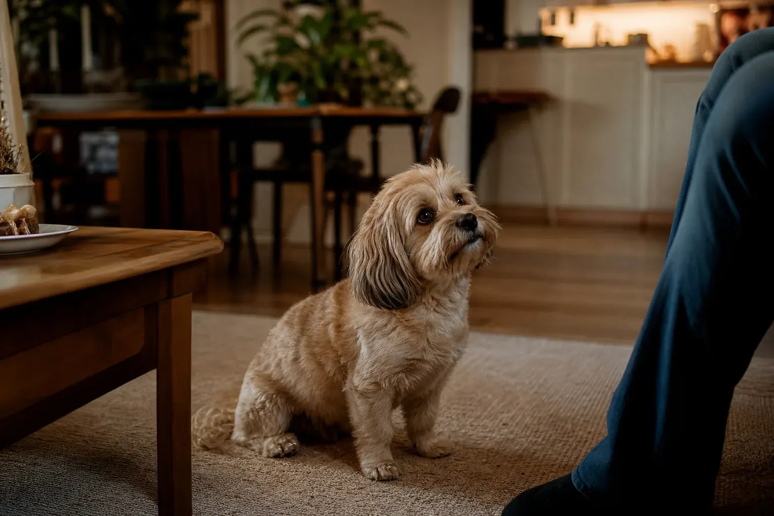 Un petit chien qui tremble légèrement, assis sur un tapis dans un salon chaleureux, regard attentif vers son propriétaire hors champ.