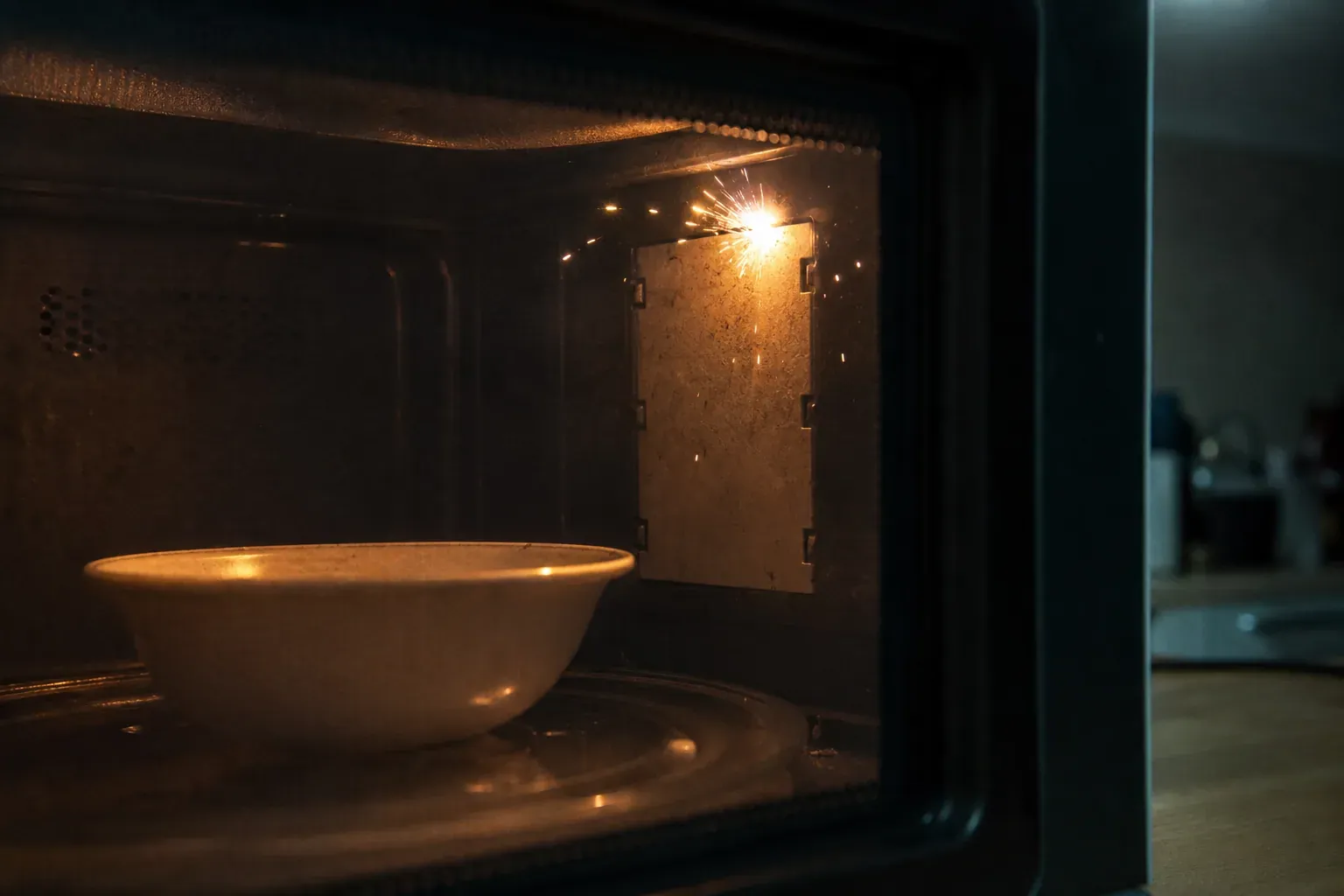 Petites étincelles électriques visibles à l'intérieur d'un four à micro-ondes allumé, vues à travers la vitre de la porte dans une cuisine faiblement éclairée.