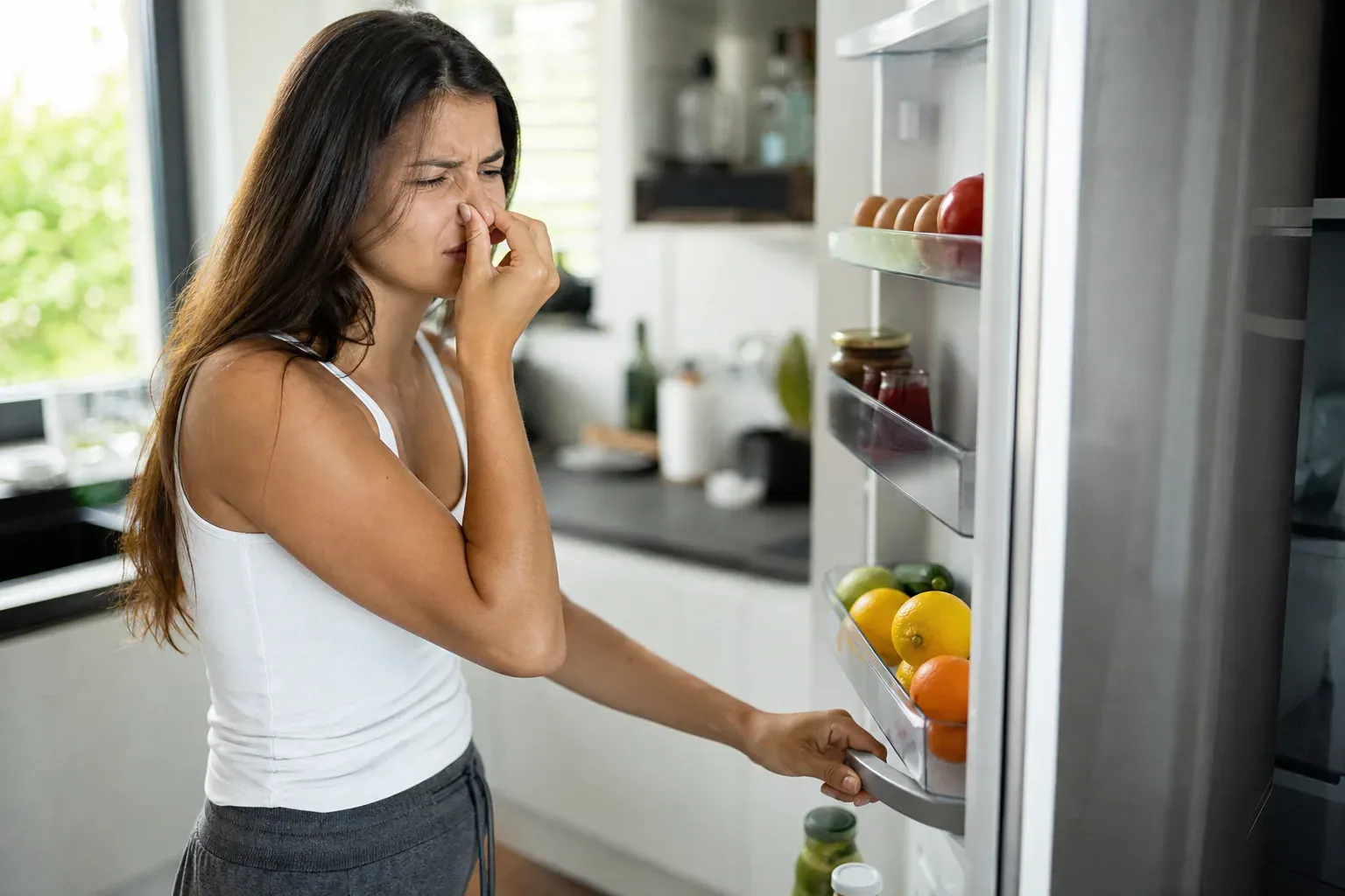 Une femme ouvre la porte d’un réfrigérateur propre et bien rangé dans une cuisine lumineuse, en se pinçant légèrement le nez.