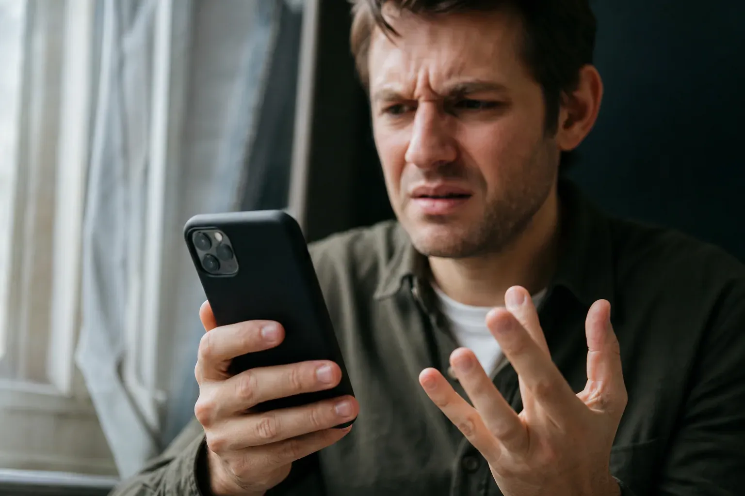 Une personne tient un iPhone qui semble figé, avec une expression de frustration, dans un décor intérieur réaliste.