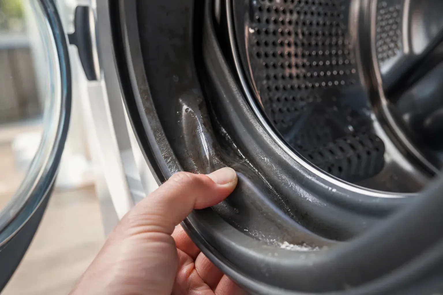 Gros plan sur le joint en caoutchouc de la porte d'un lave-linge ouvert, montrant des traces d'humidité entre les plis, dans une buanderie lumineuse.