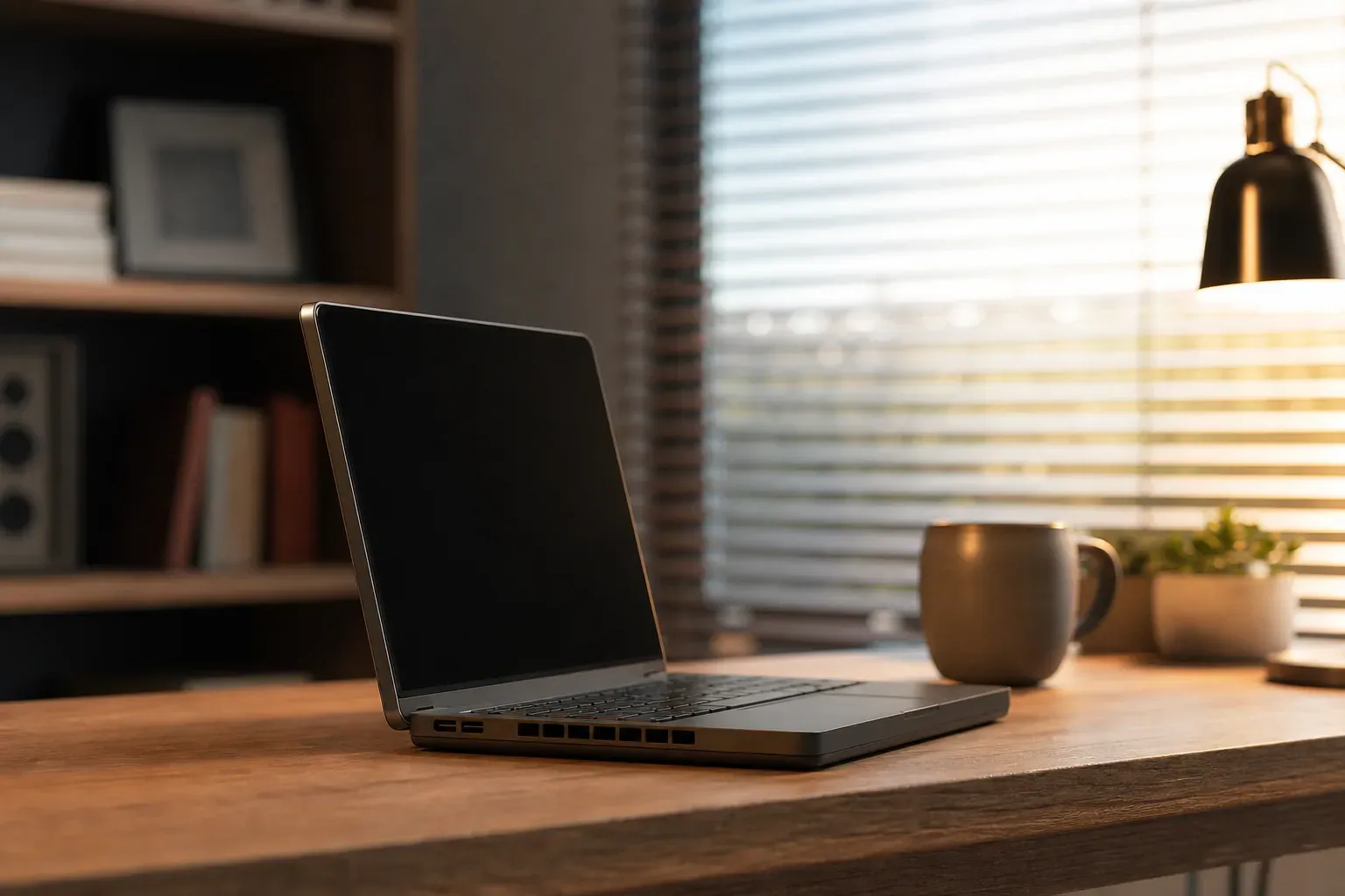 Ordinateur portable ouvert posé sur un bureau en bois, ventilateur visible sur le côté, éclairage naturel.