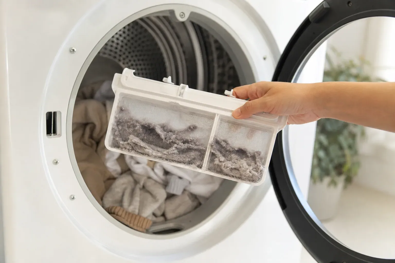 Sèche-linge ouvert, une main retirant le filtre à peluches couvert de fibres, linge visible dans le tambour, buanderie lumineuse.