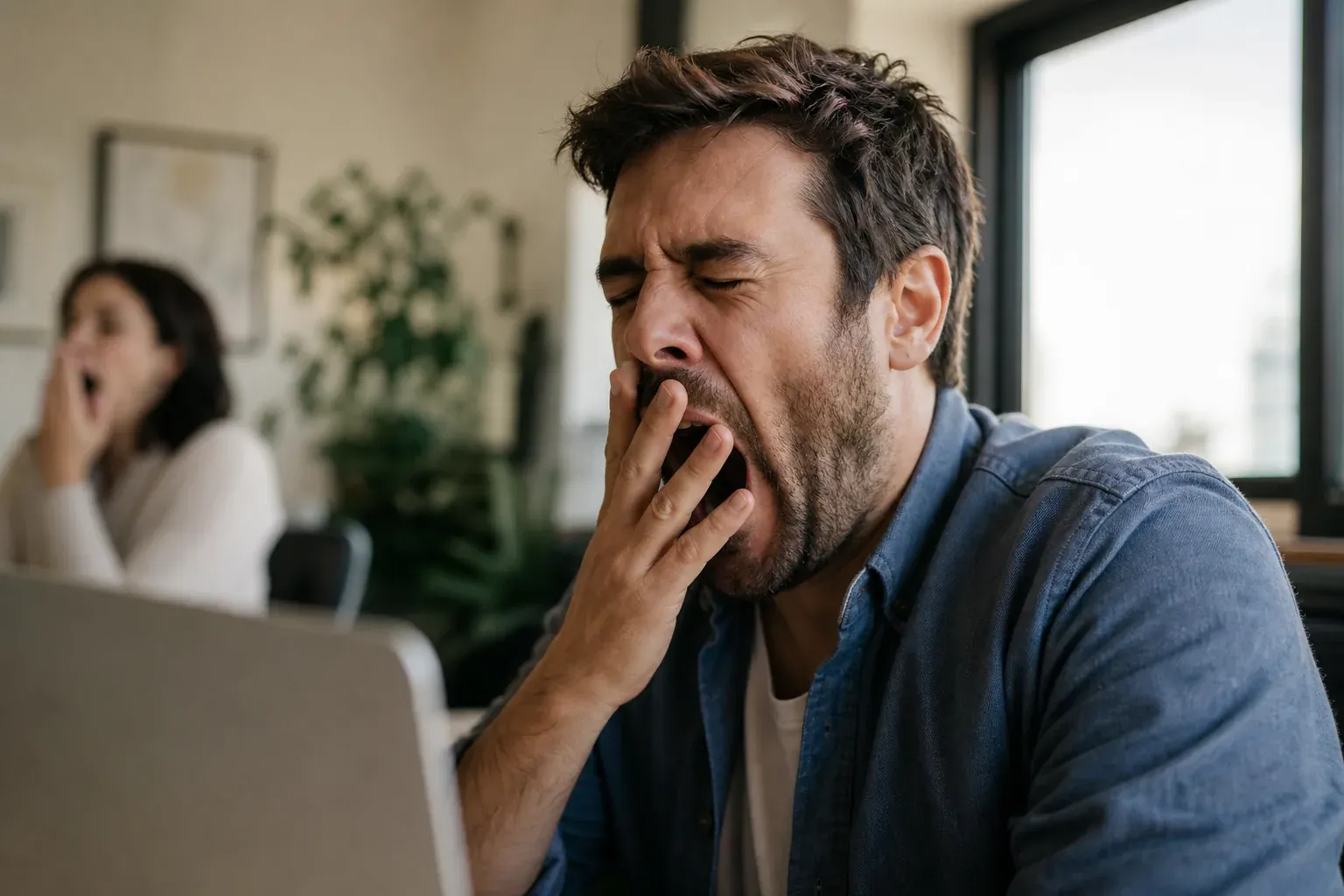 Une personne bâille naturellement à son bureau dans une lumière douce, avec une scène de quotidien réaliste en arrière-plan.