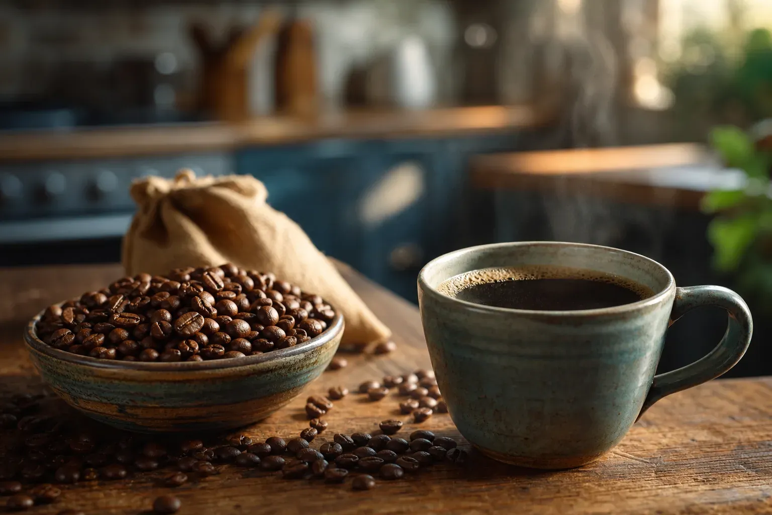 Une tasse de café fumant avec des grains de café torréfiés dans une ambiance premium et naturelle.