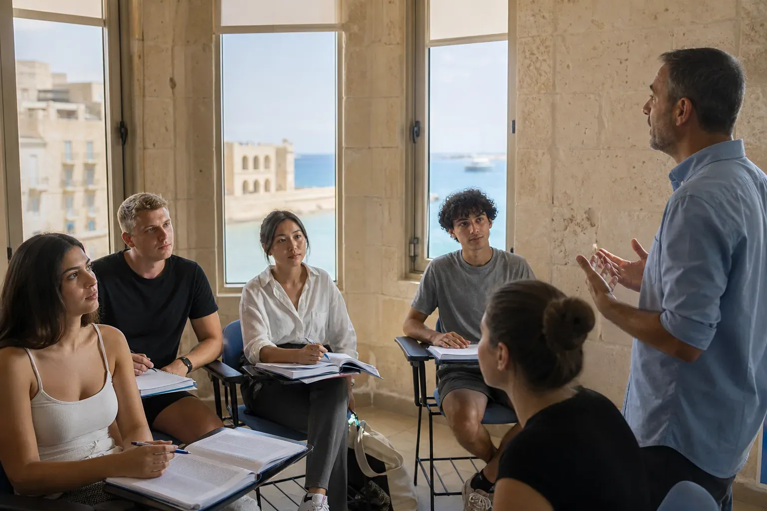 Un petit groupe d’étudiants en cours d’anglais dans une salle lumineuse à Malte, avec la mer visible en arrière-plan.