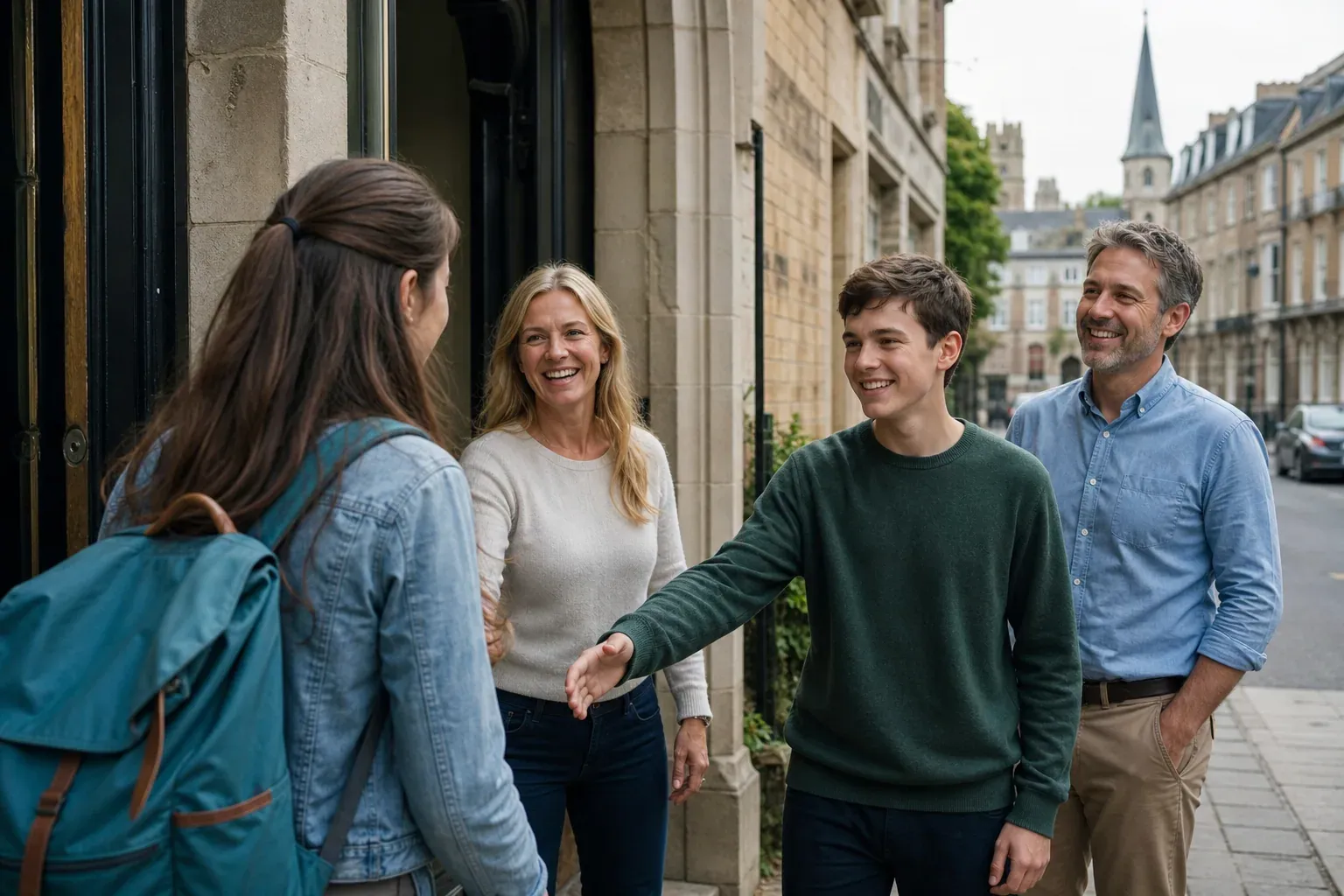 Un étudiant accueilli devant une école de langue en Angleterre, dans une scène réaliste de séjour linguistique encadré.