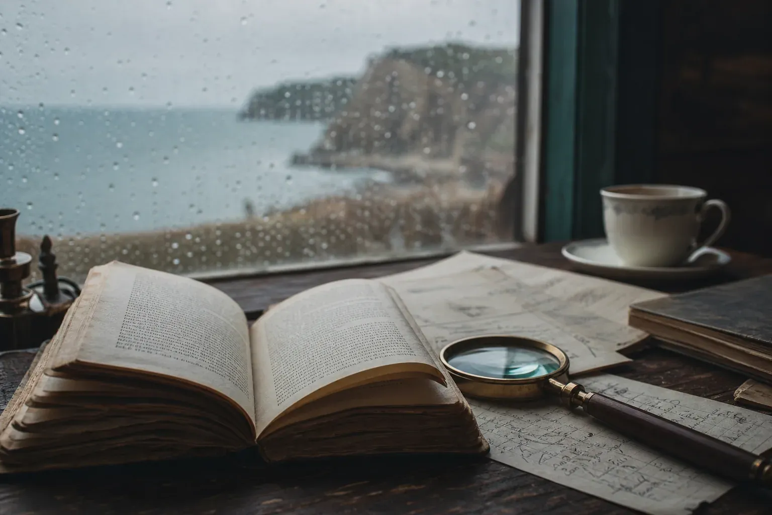 Photo réaliste d’un roman policier ancien ouvert sur un bureau, avec une loupe et des notes manuscrites, devant une fenêtre pluvieuse sur la côte.