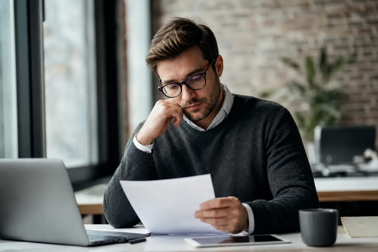 Une personne adulte réfléchit à son travail dans un bureau lumineux, avec une ambiance calme et réaliste.