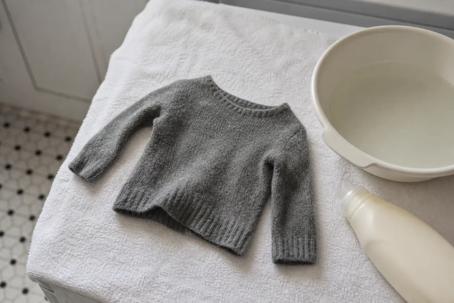 Pull en laine grise rétréci posé à plat sur une serviette blanche, à côté d'une bassine d'eau et d'un flacon d'après-shampoing.