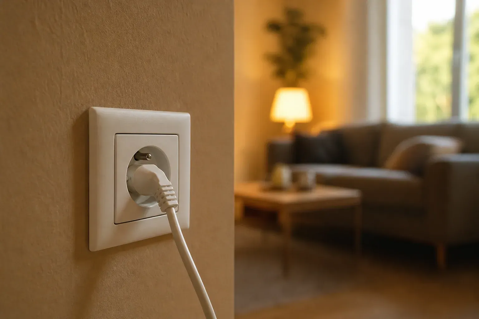 Gros plan sur une prise électrique murale blanche avec une fiche branchée, éclairage domestique chaleureux, intérieur flou en arrière-plan.