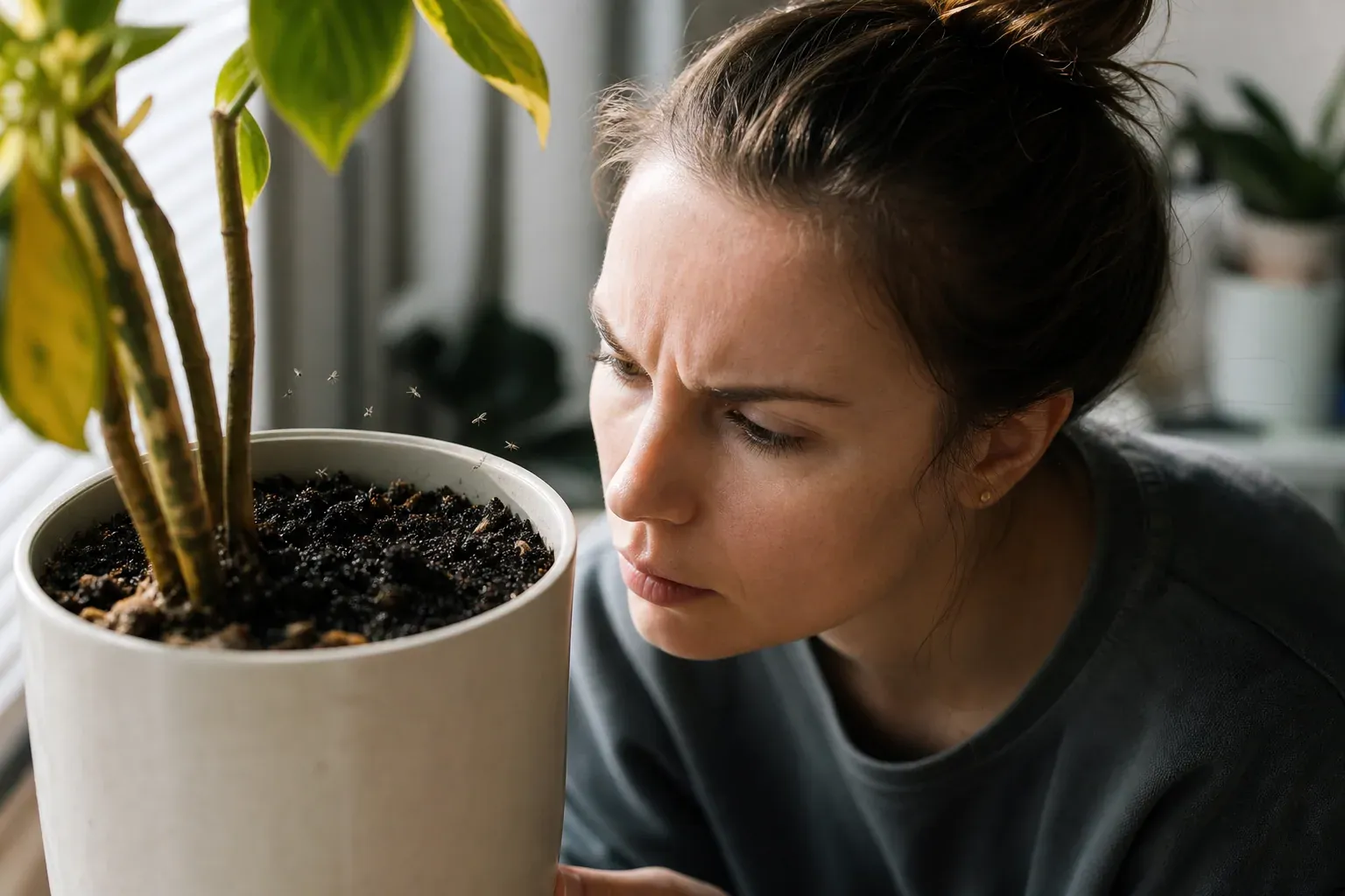 Une femme observe de près la terre humide d’une plante en pot près d’une fenêtre, avec de petits moucherons qui volent au-dessus du terreau.