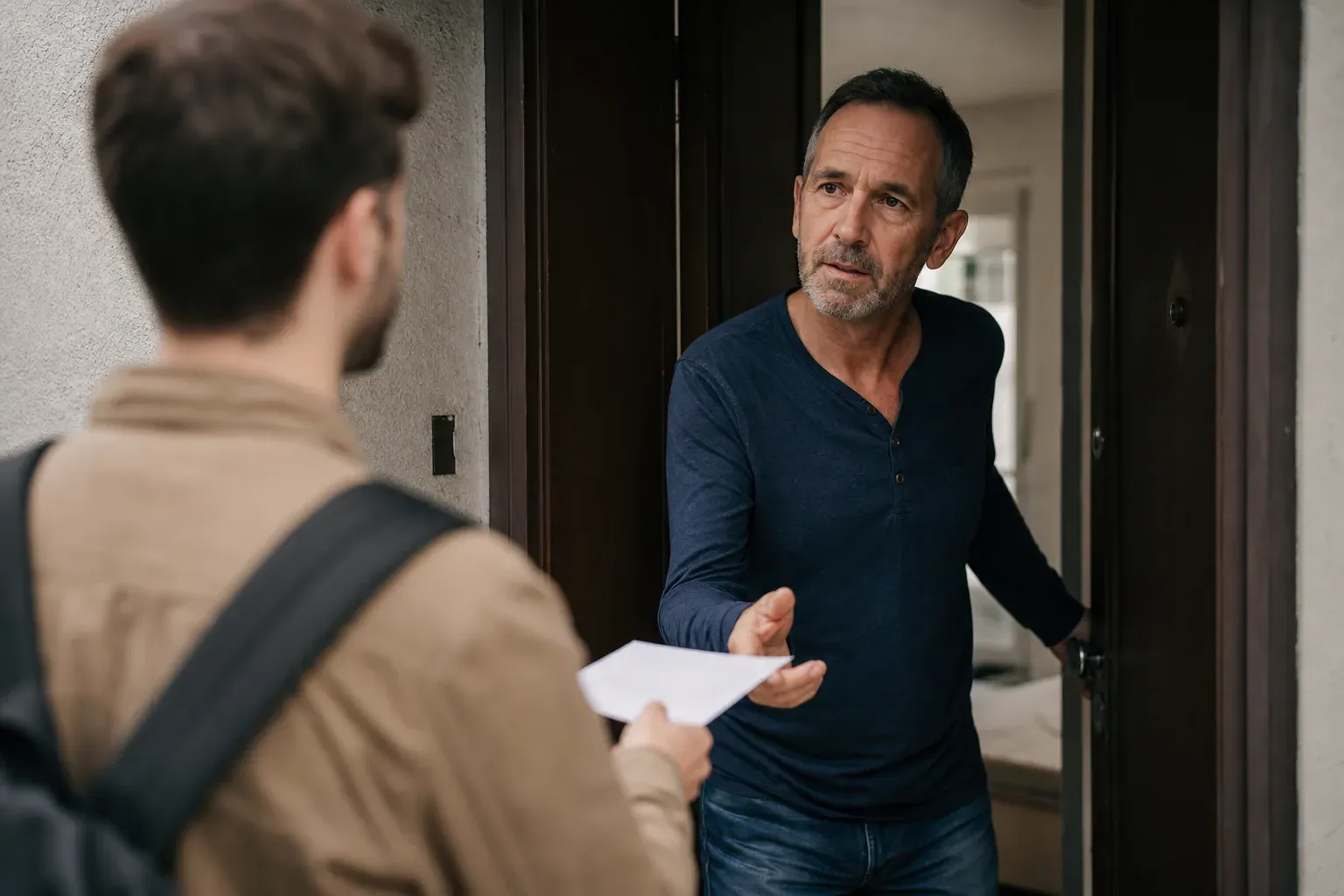 Locataire remettant une lettre de préavis en main propre à son propriétaire devant la porte d'un appartement, lumière naturelle.