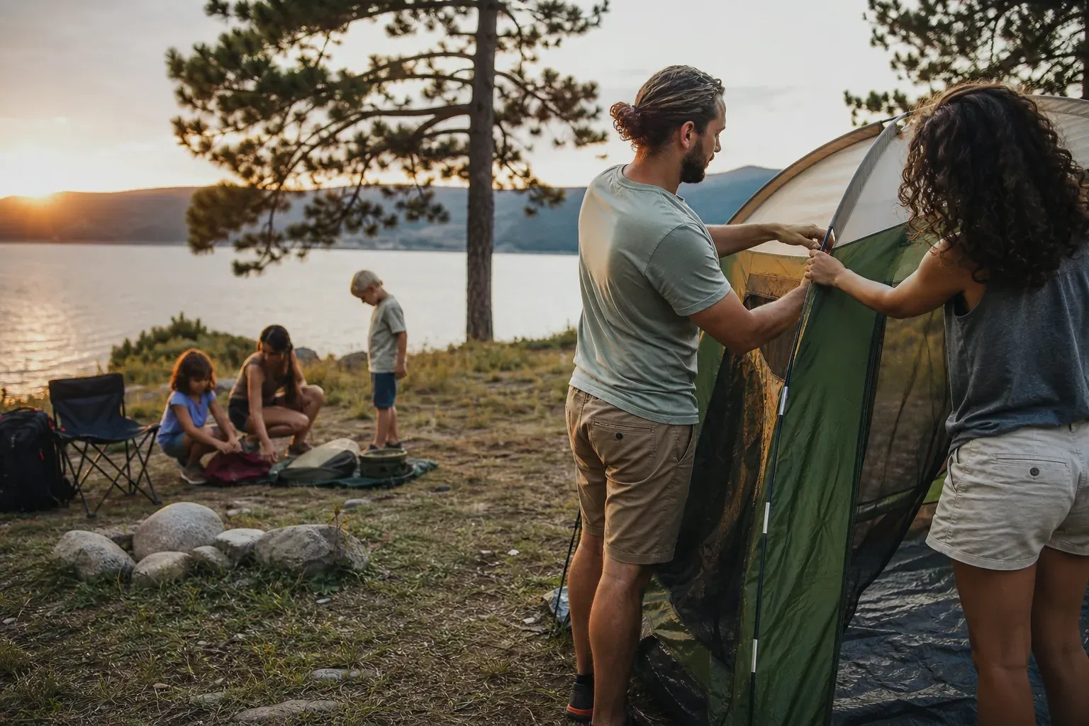 Une famille installe une tente sur un emplacement de camping en pleine nature, avec un lac en arrière-plan et du matériel de bivouac au premier plan.