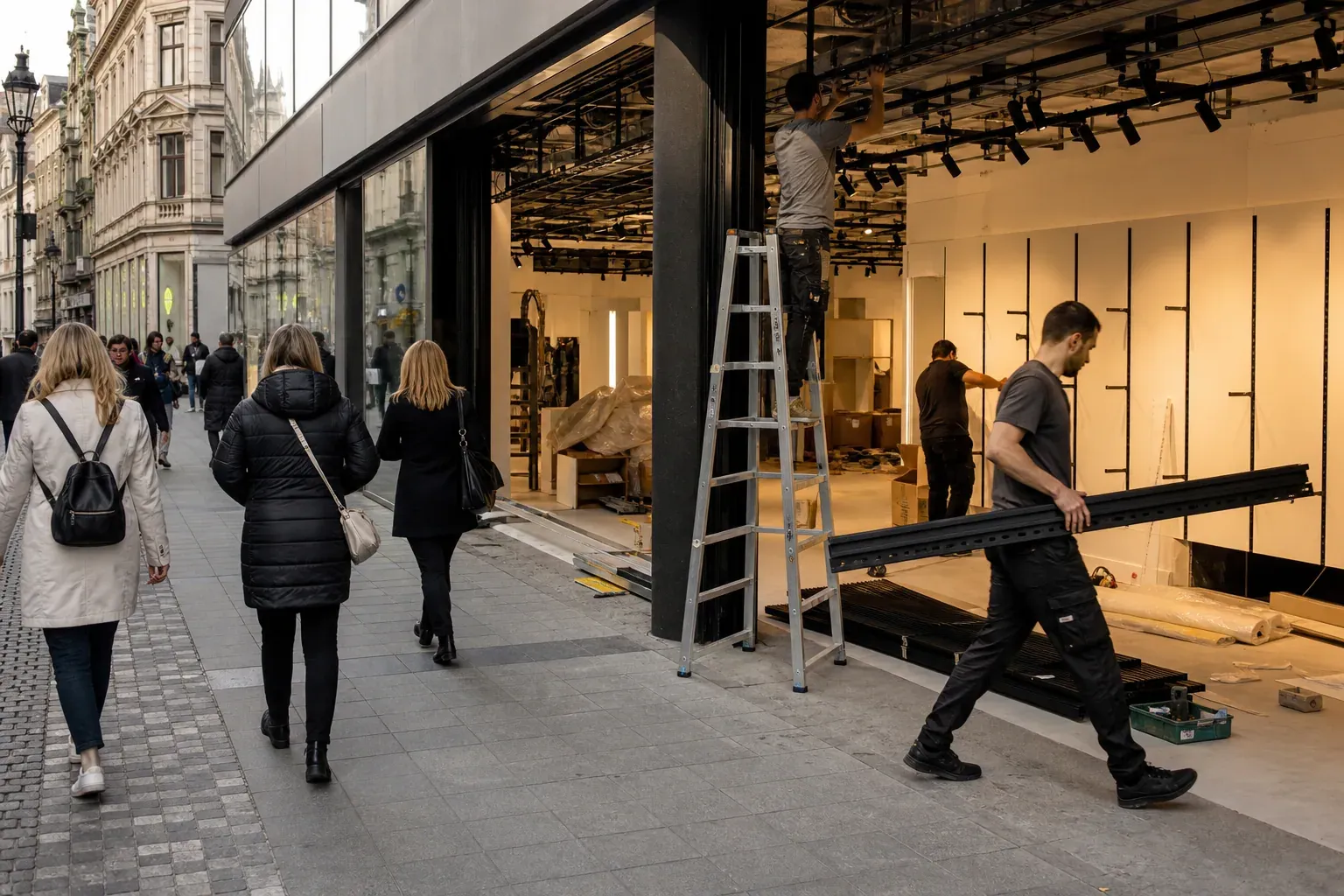 Façade d’un grand magasin de mode en travaux dans une rue commerçante, avec passants et équipes d’aménagement avant ouverture.
