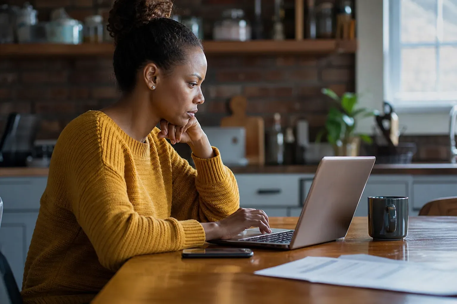 Personne simulant son éligibilité à la prime d'activité sur le site de la CAF depuis un ordinateur portable, lumière naturelle.