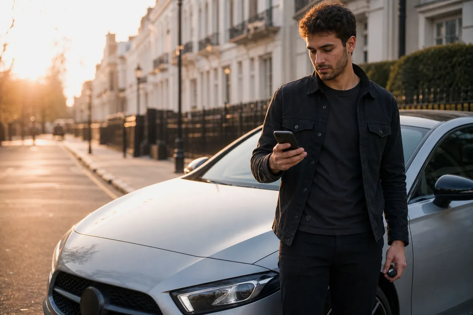 Jeune conducteur consultant un devis d’assurance à côté d’une Mercedes-Benz Classe A stationnée en ville.