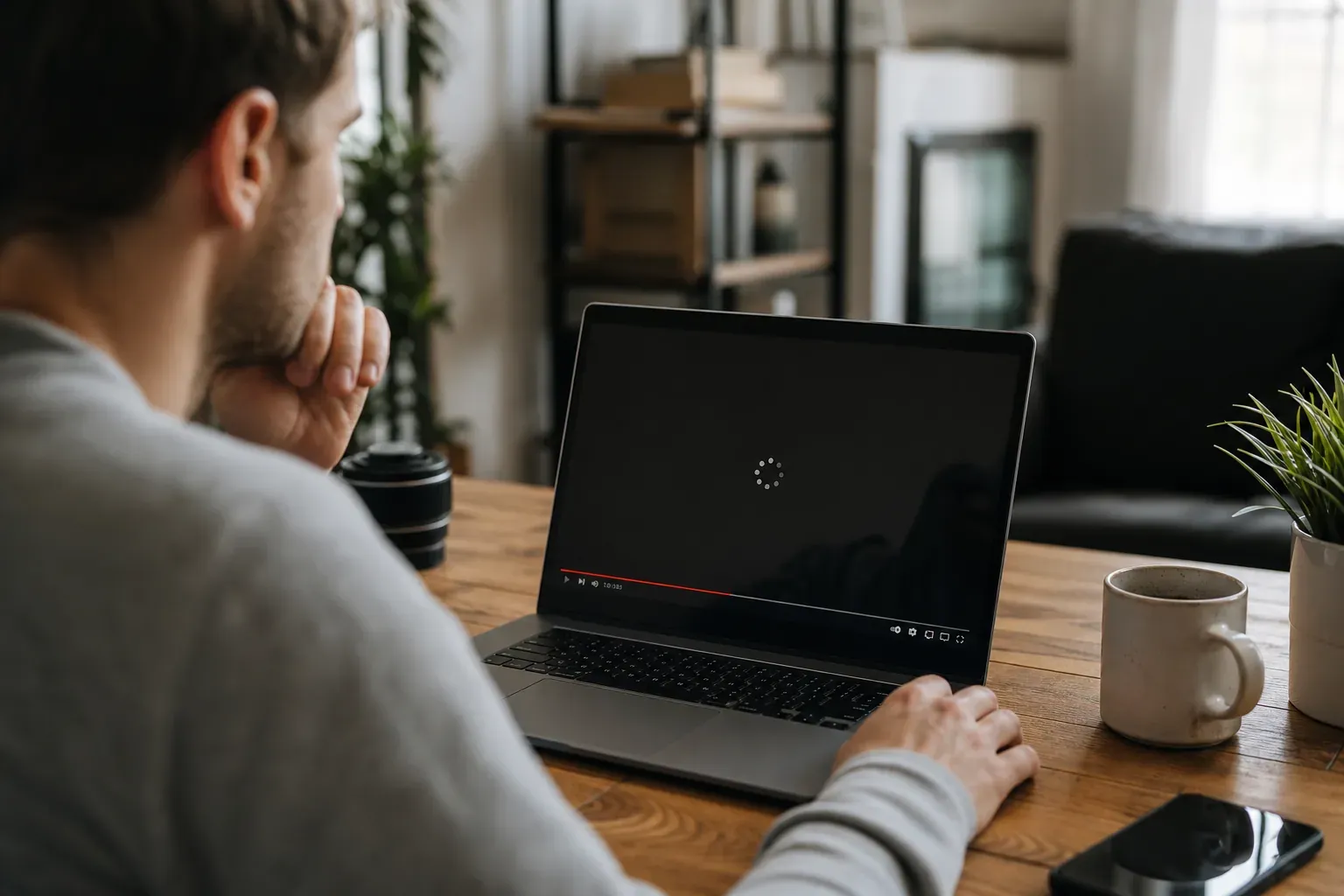 Une personne regarde une vidéo sur un ordinateur portable, avec un symbole de chargement visible à l’écran dans un intérieur lumineux.