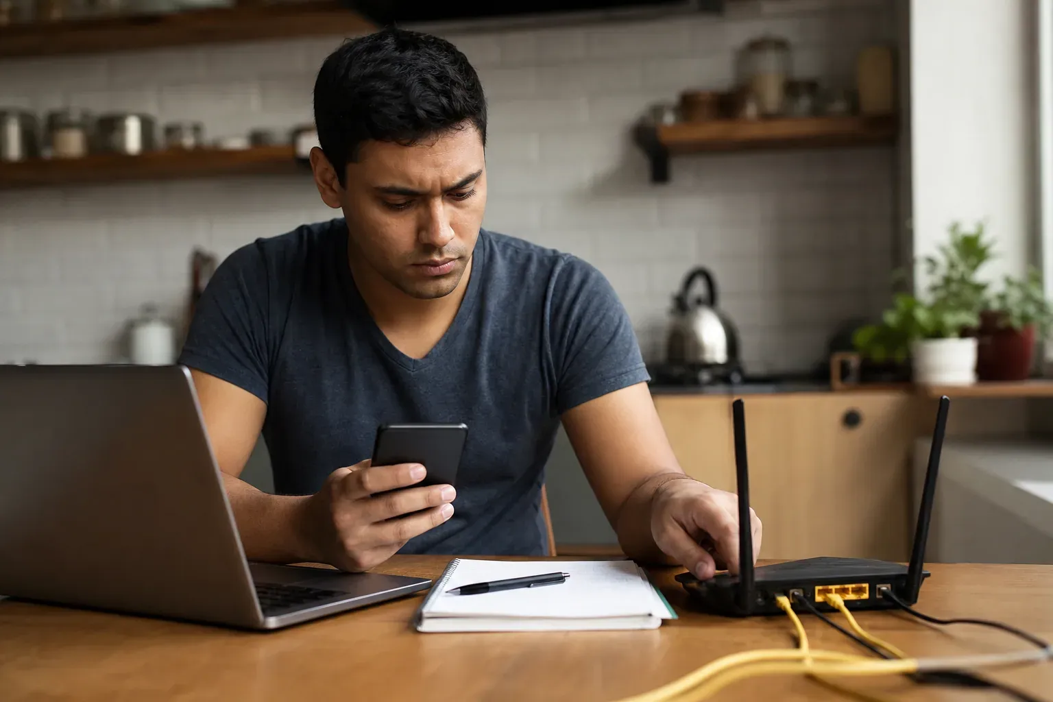 Une personne vérifie un ordinateur portable et un routeur sur une table, avec câbles et carnet de notes, dans une scène domestique réaliste.