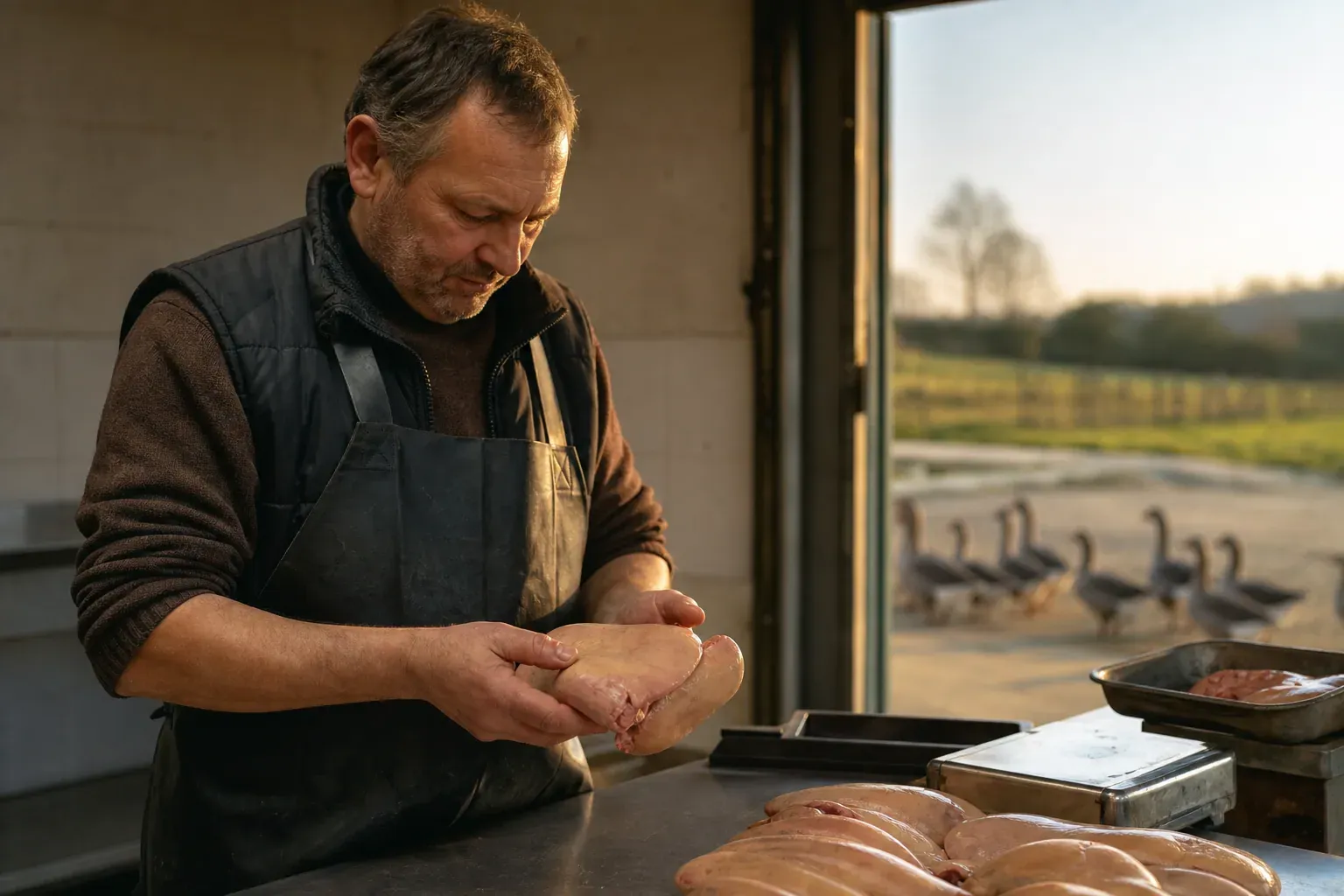 Producteur local de foie gras dans un atelier artisanal, avec ambiance de ferme et esprit terroir.