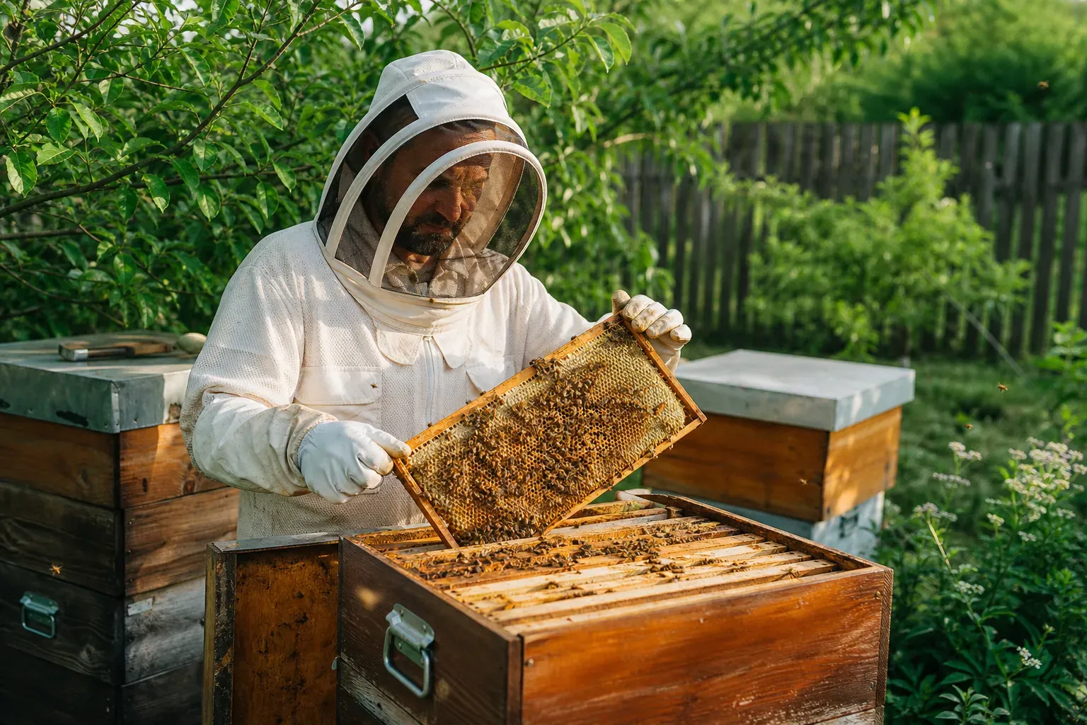 Un apiculteur amateur en combinaison ouvre une ruche en bois dans un jardin, avec des abeilles en vol et des cadres de miel visibles.