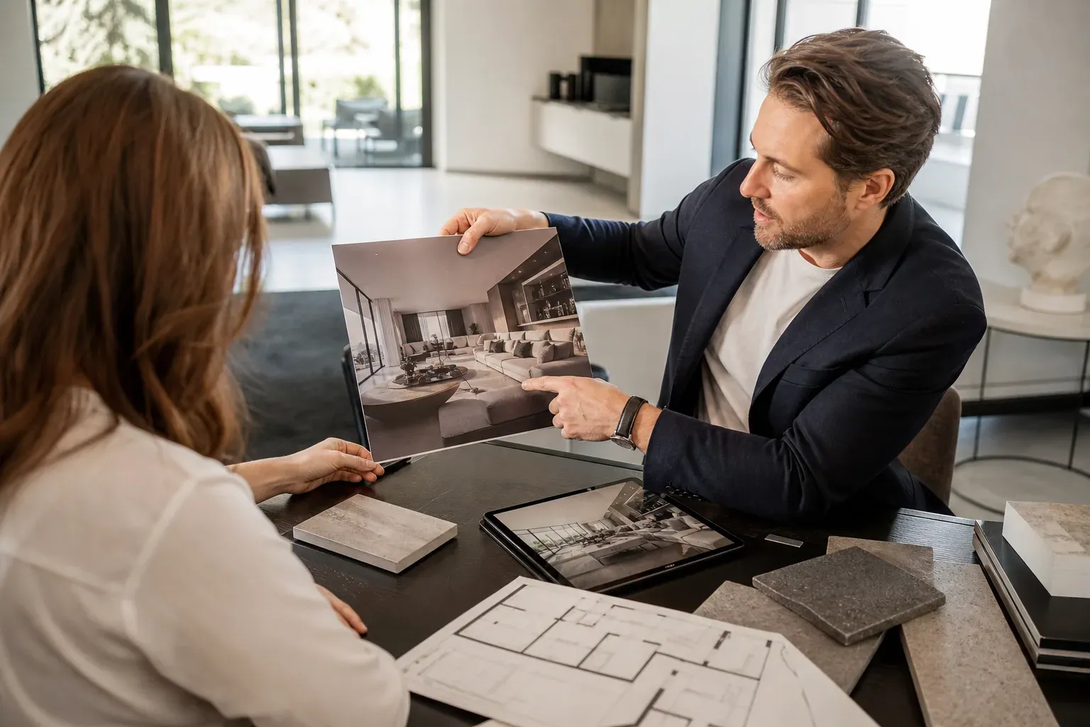 Un architecte d’intérieur présente un portfolio à un client dans un intérieur lumineux, avec plans et échantillons de matériaux sur la table.