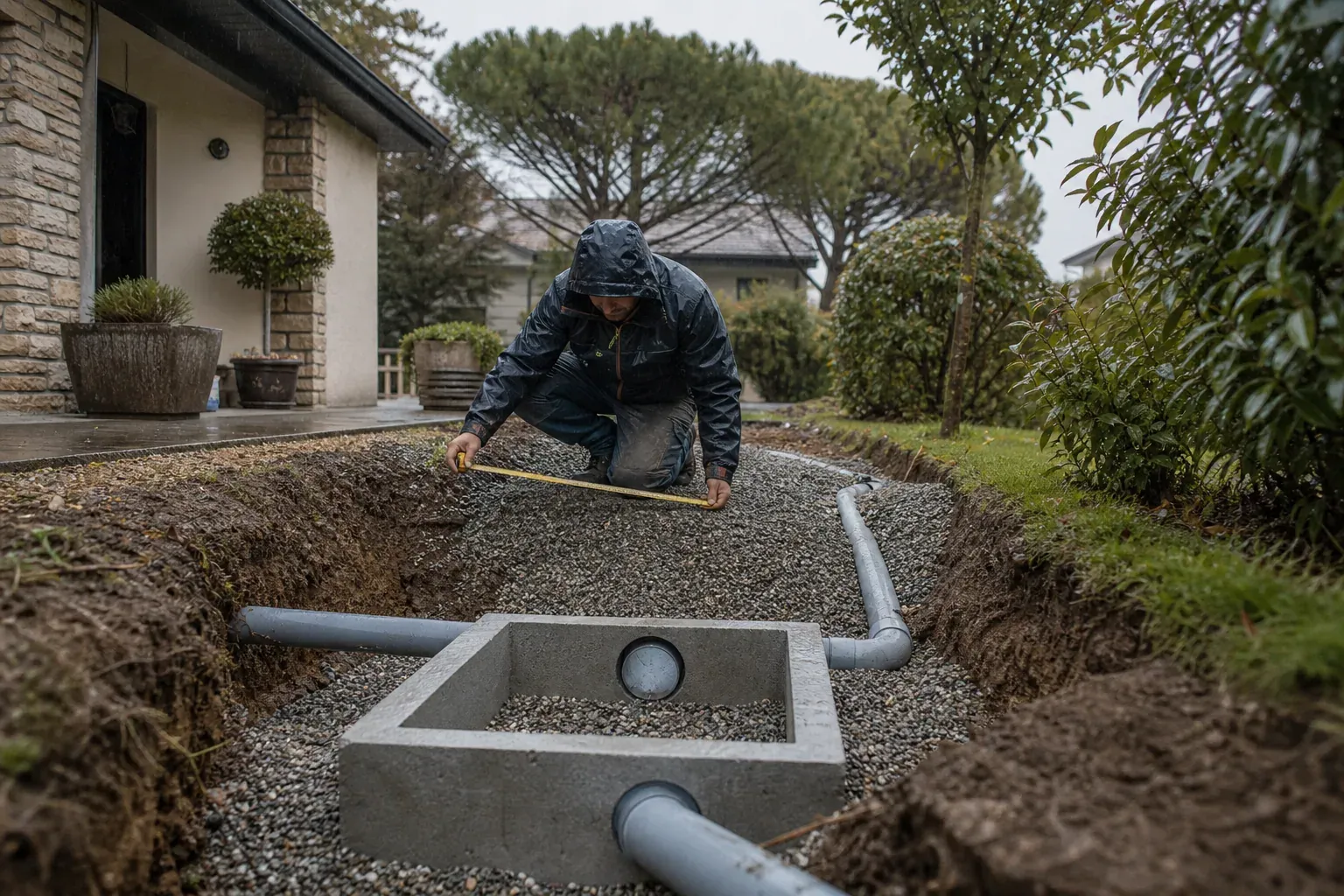 Un chantier de maison individuelle montrant un puits perdu en cours d’installation avec buses en béton, gravier et terrassement.