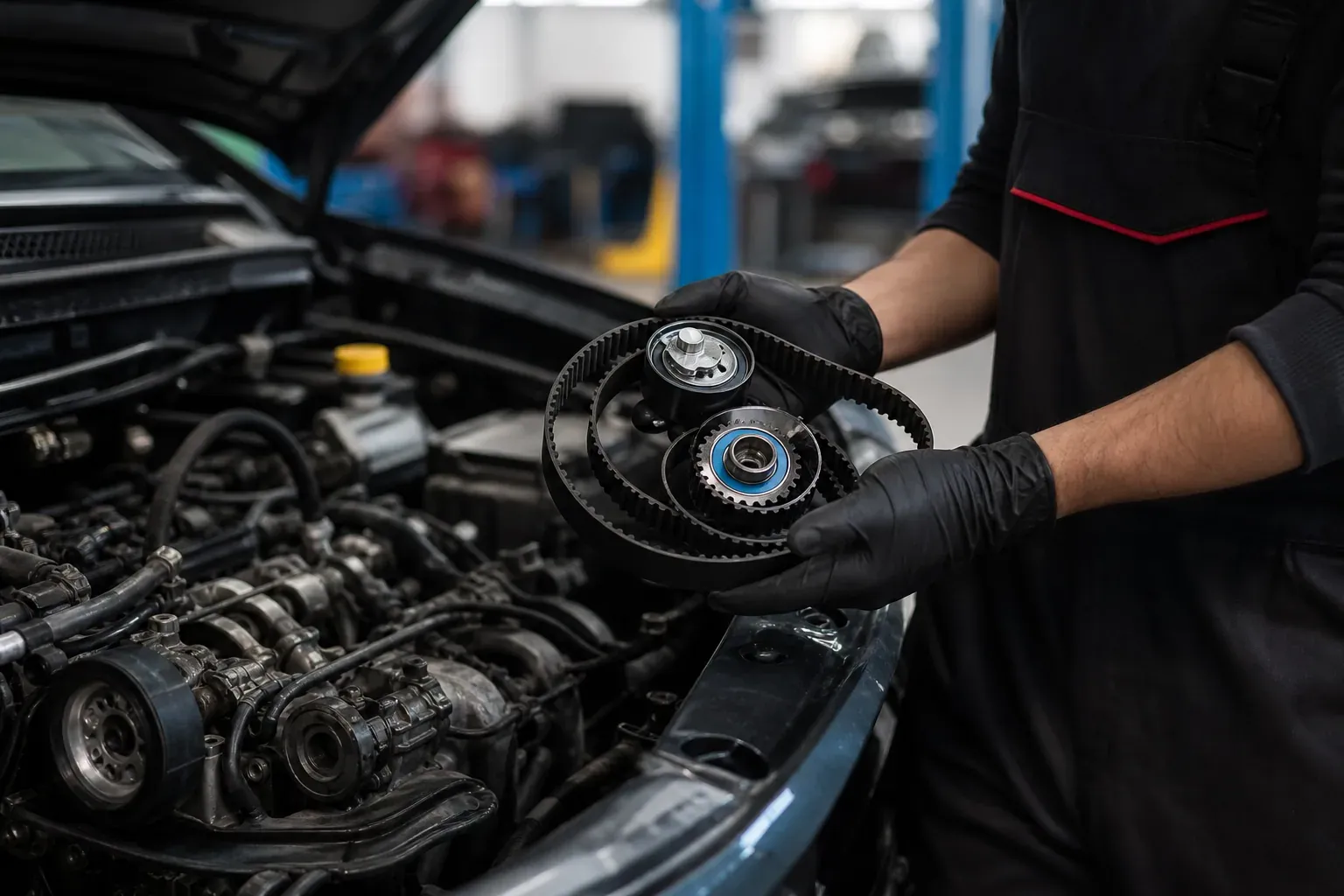 Un mécanicien examine un kit de courroie de distribution devant un moteur ouvert dans un atelier automobile.