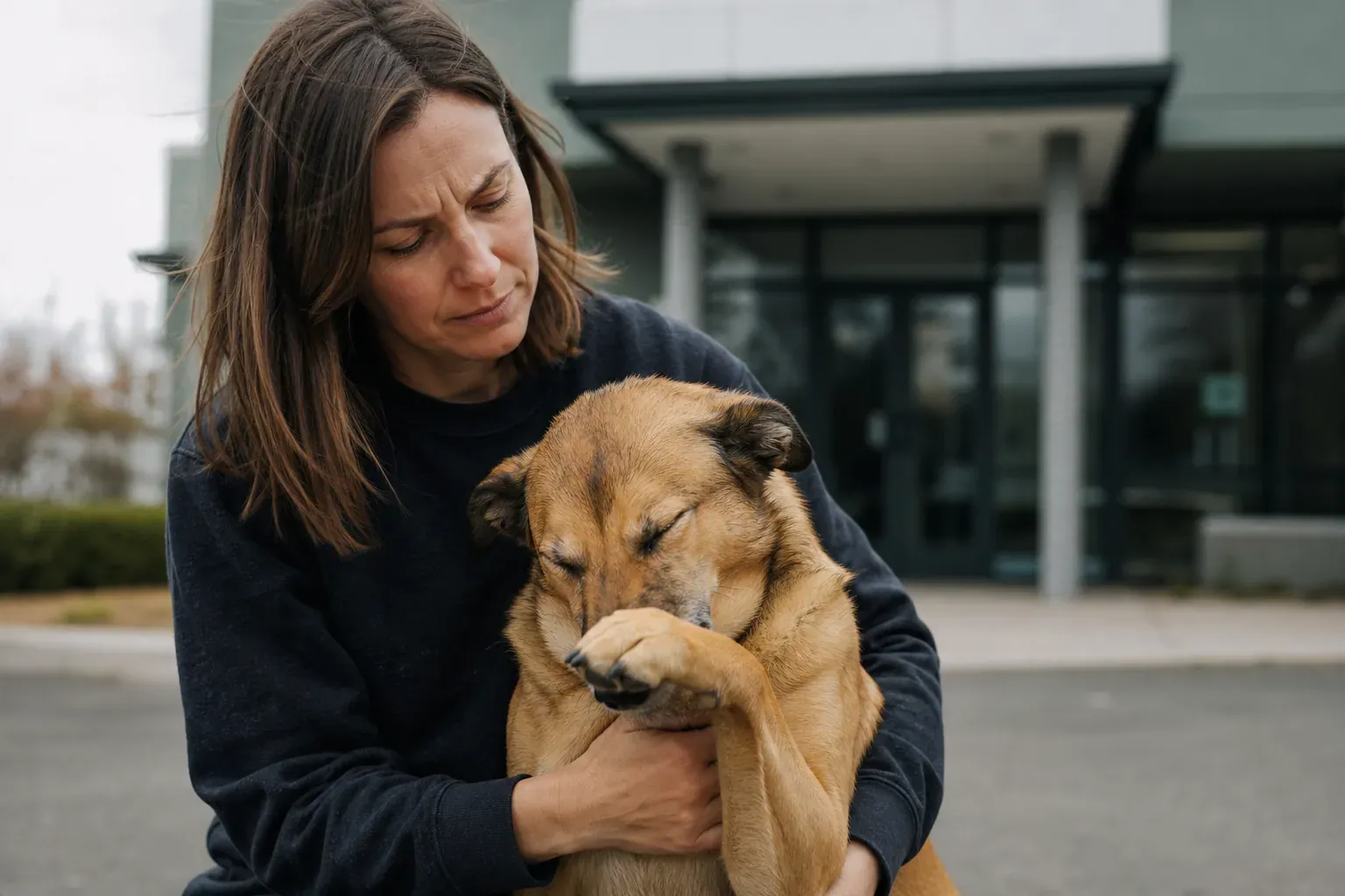Un chien qui éternue et se frotte le museau, tenu calmement par son propriétaire, avec une clinique vétérinaire en arrière-plan.