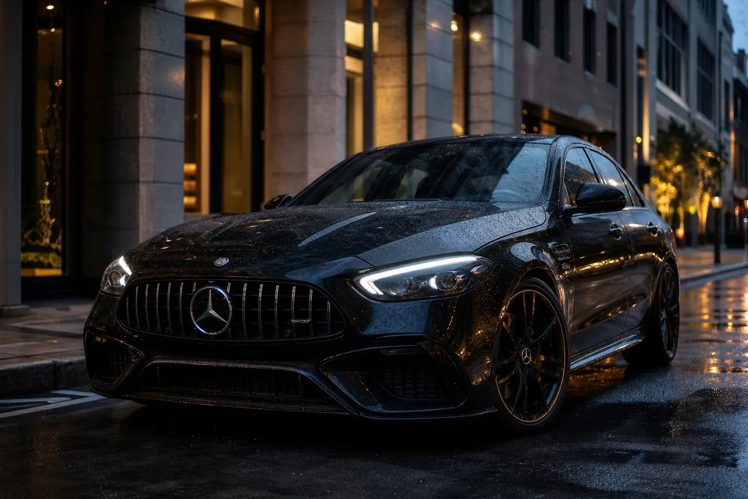 Mercedes-AMG C63 2024 vue de trois quarts avant, stationnée sur une rue urbaine mouillée au crépuscule, avec une allure sportive et des lignes musclées.