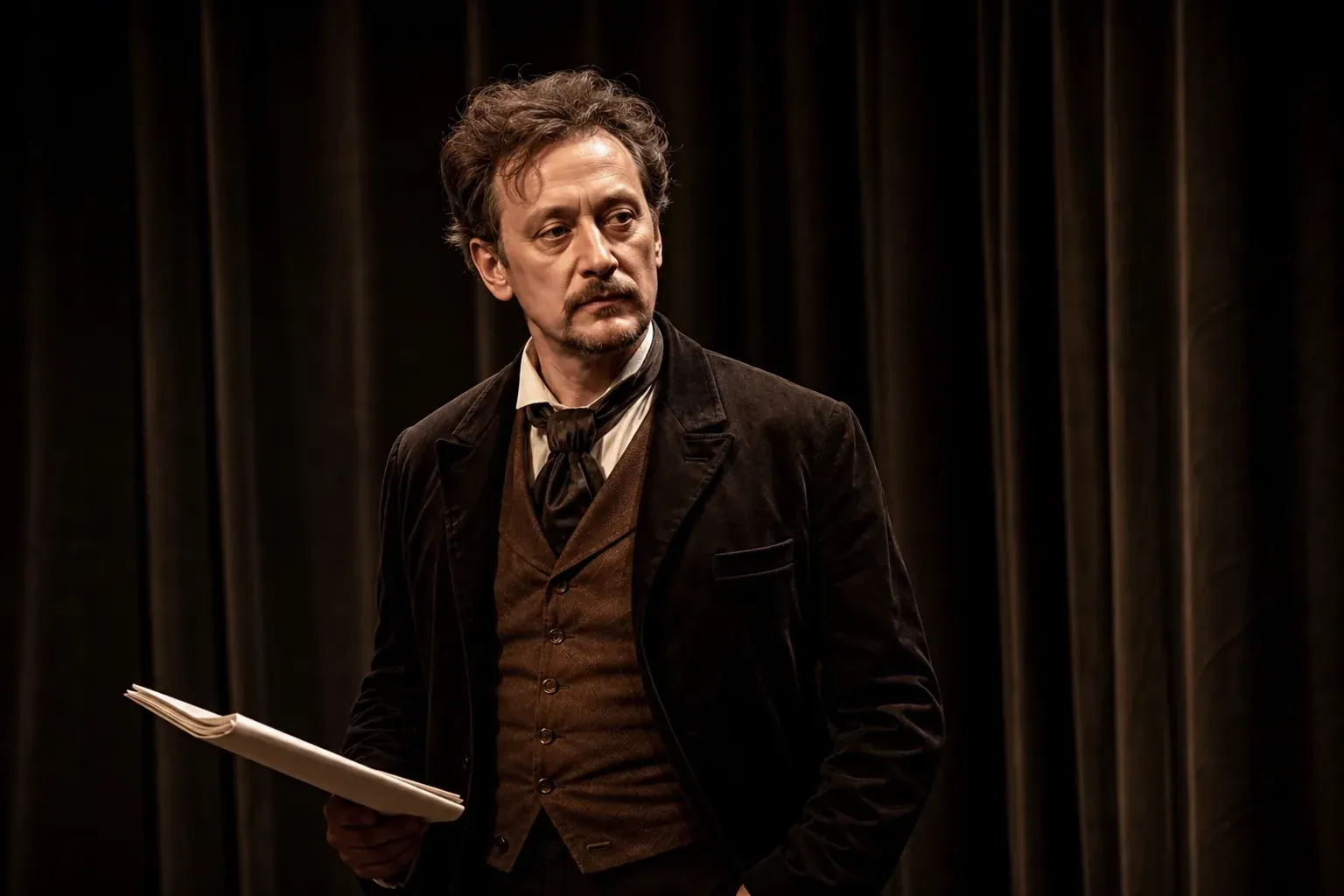 Un acteur sur une scène de théâtre plongée dans une lumière chaude, avec des rideaux sombres et une ambiance dramatique et réaliste.