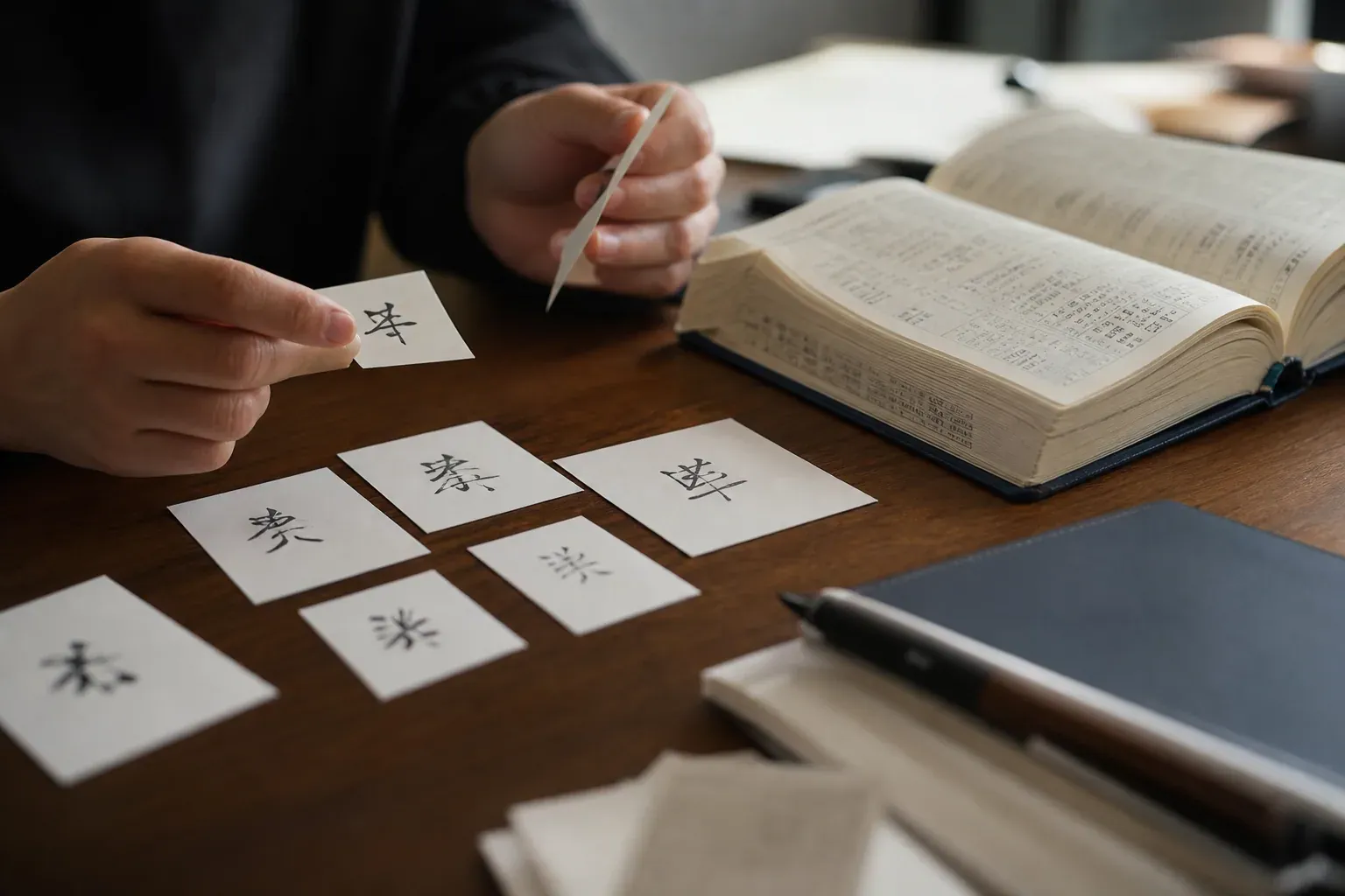 Bureau avec un dictionnaire, un carnet et des prénoms japonais écrits en kanji, consultés pour en comprendre le sens.