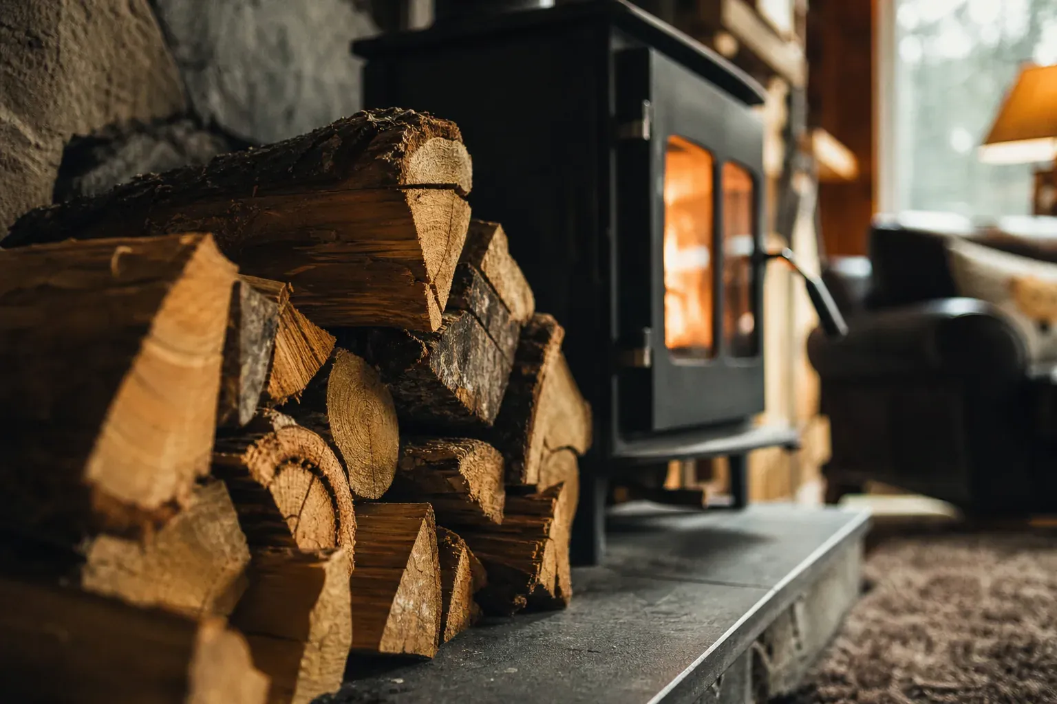 Bûches de bois de chauffage empilées près d'un poêle à bois allumé dans un salon, lumière chaleureuse.