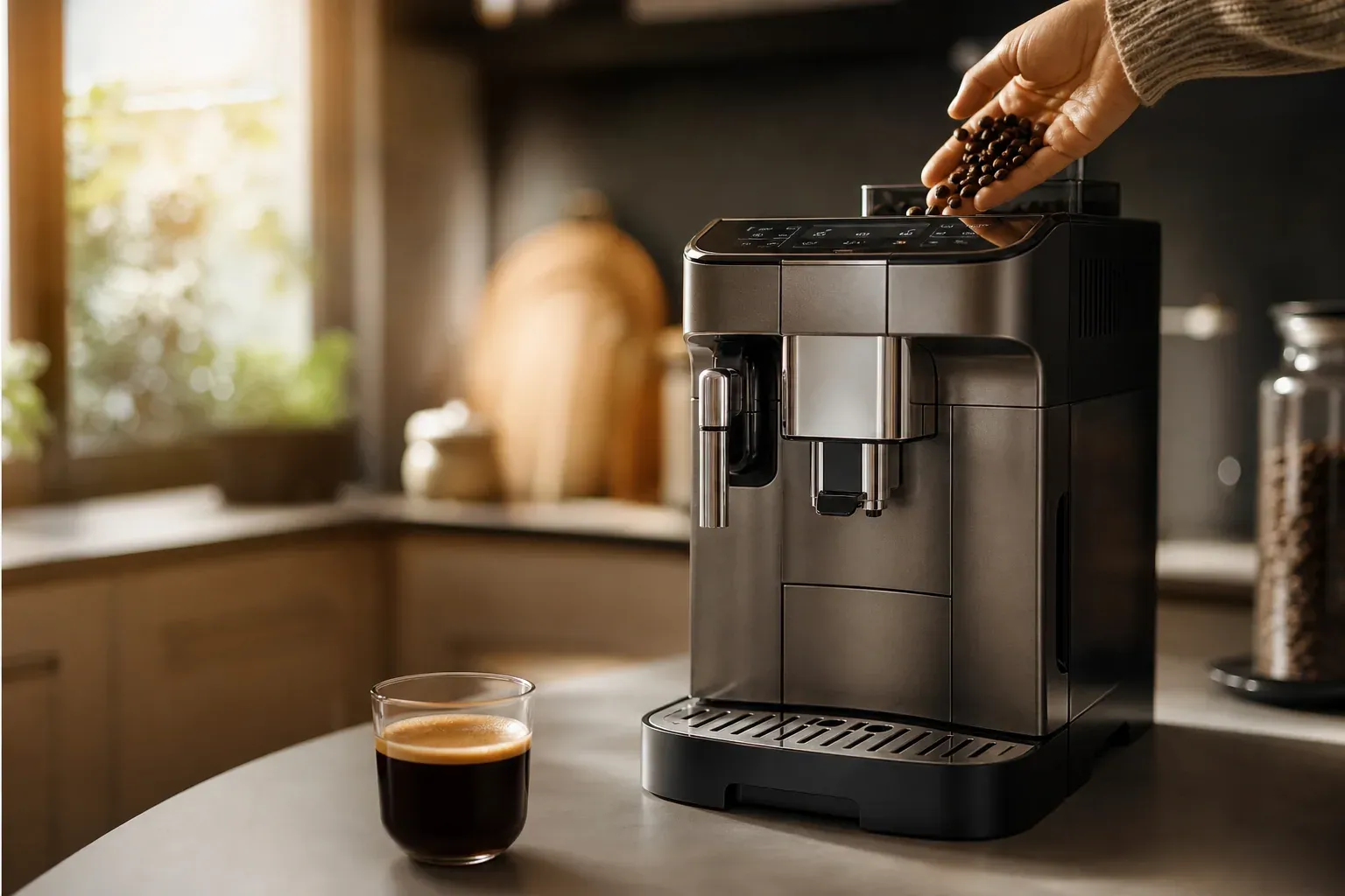Machine à café DeLonghi avec des grains de café fraîchement torréfiés sur un plan de travail, ambiance réaliste de cuisine.