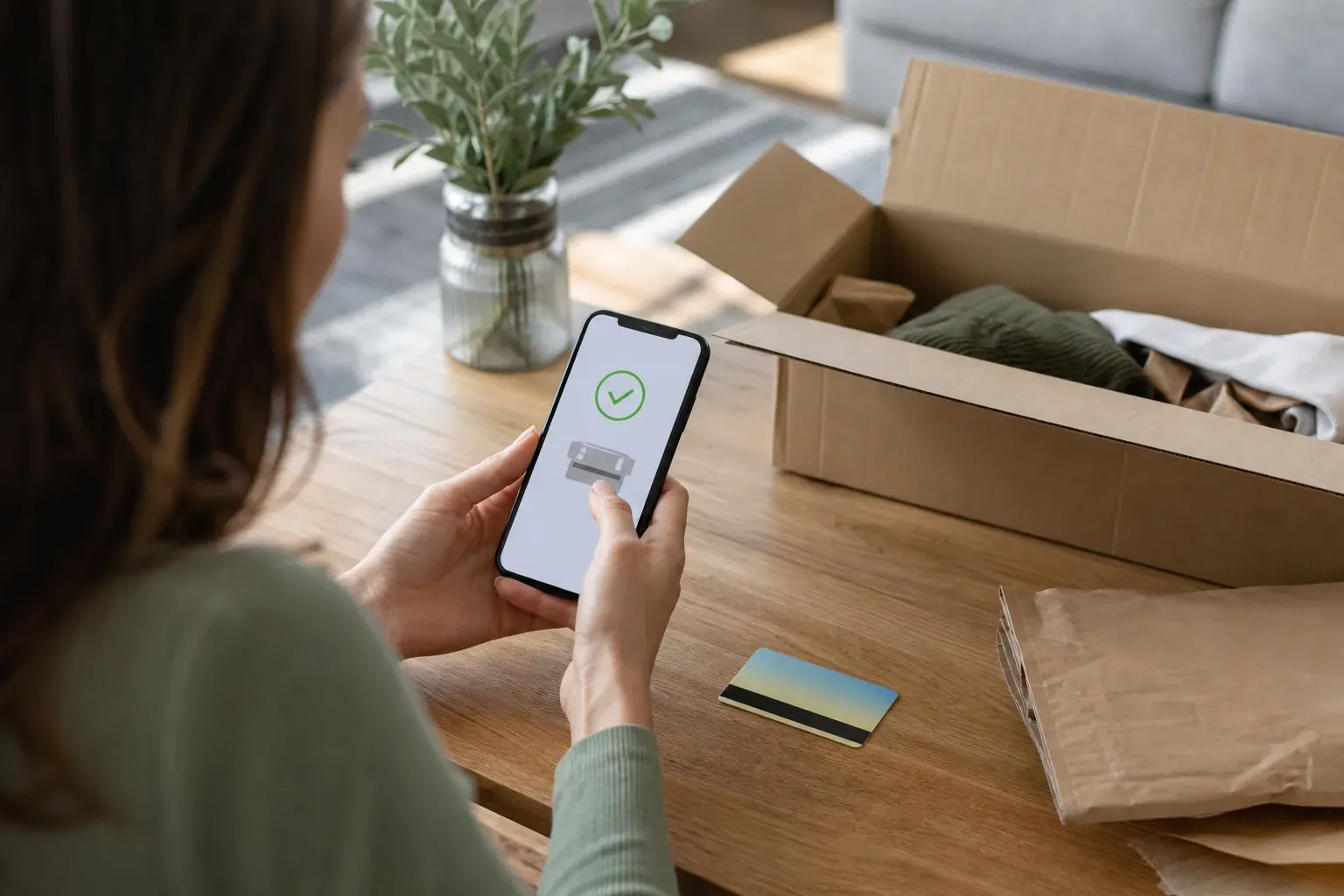 Personne consultant un remboursement en ligne sur son smartphone, à côté d'un carton de retour ouvert et d'une carte bancaire, sur un bureau lumineux.