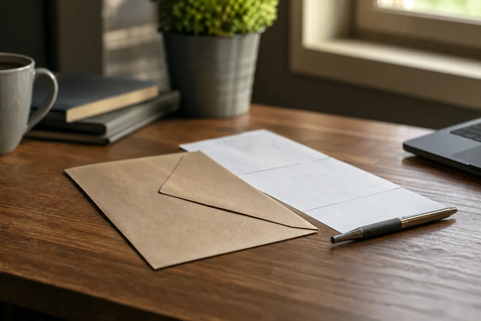 Avis de contravention et enveloppe posés sur une table, avec un stylo à proximité.