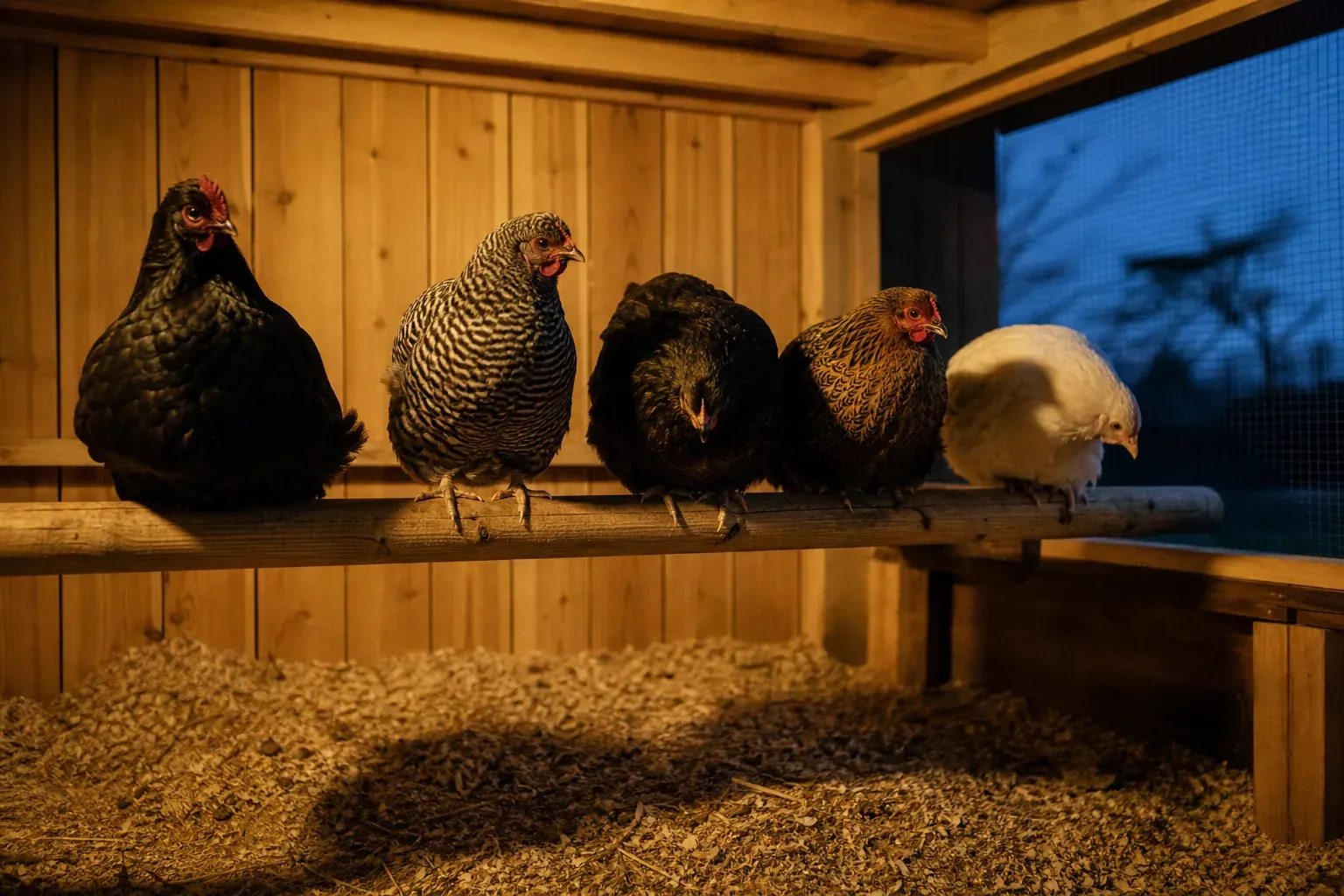 Des poules perchées sur une barre en bois dans un poulailler propre, avec une lumière douce de fin de journée.